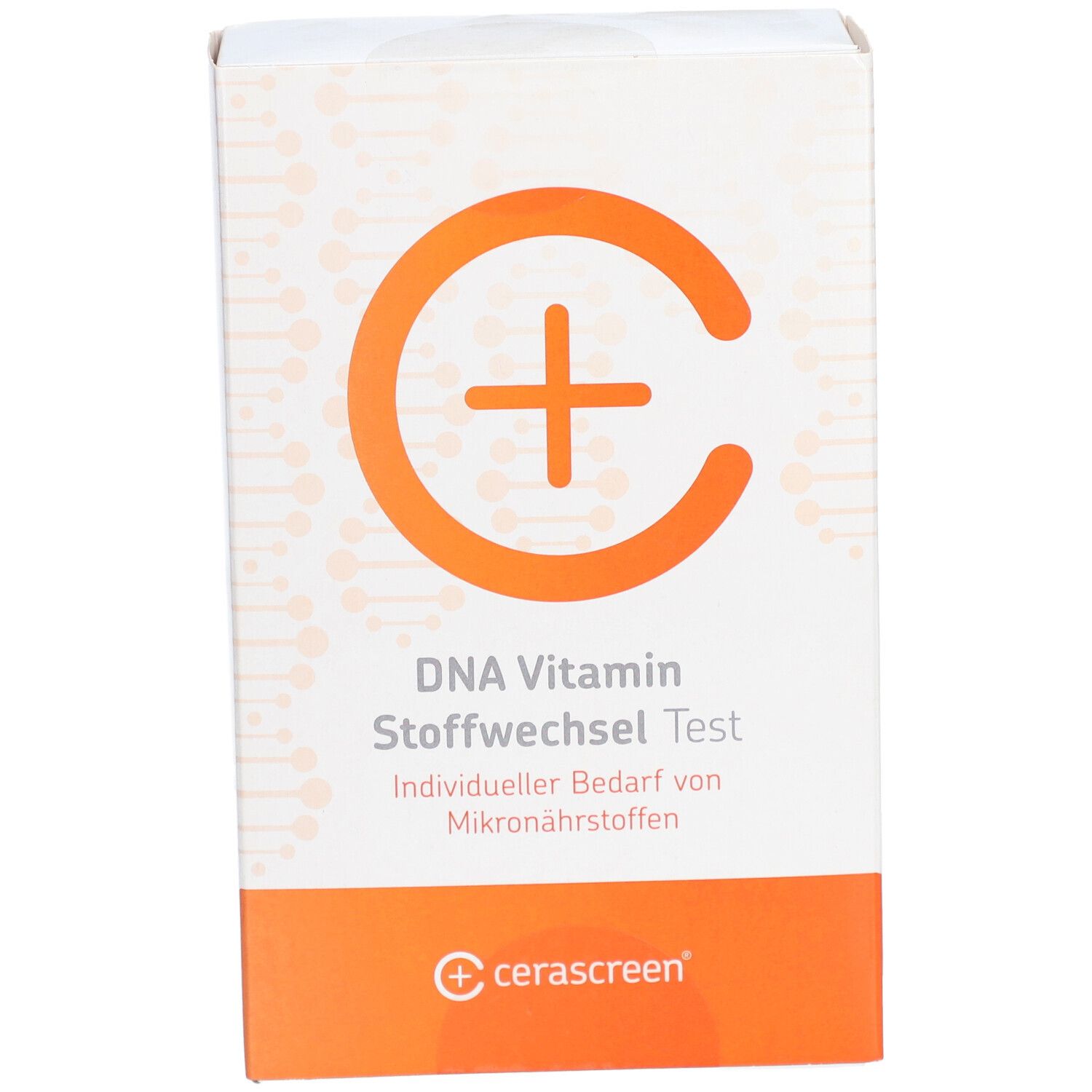 Draufsicht auf die Verpackung des cerascreen® DNA Vitamin Stoffwechsel Tests. Orangefarbenes Logo und Schriftzug.