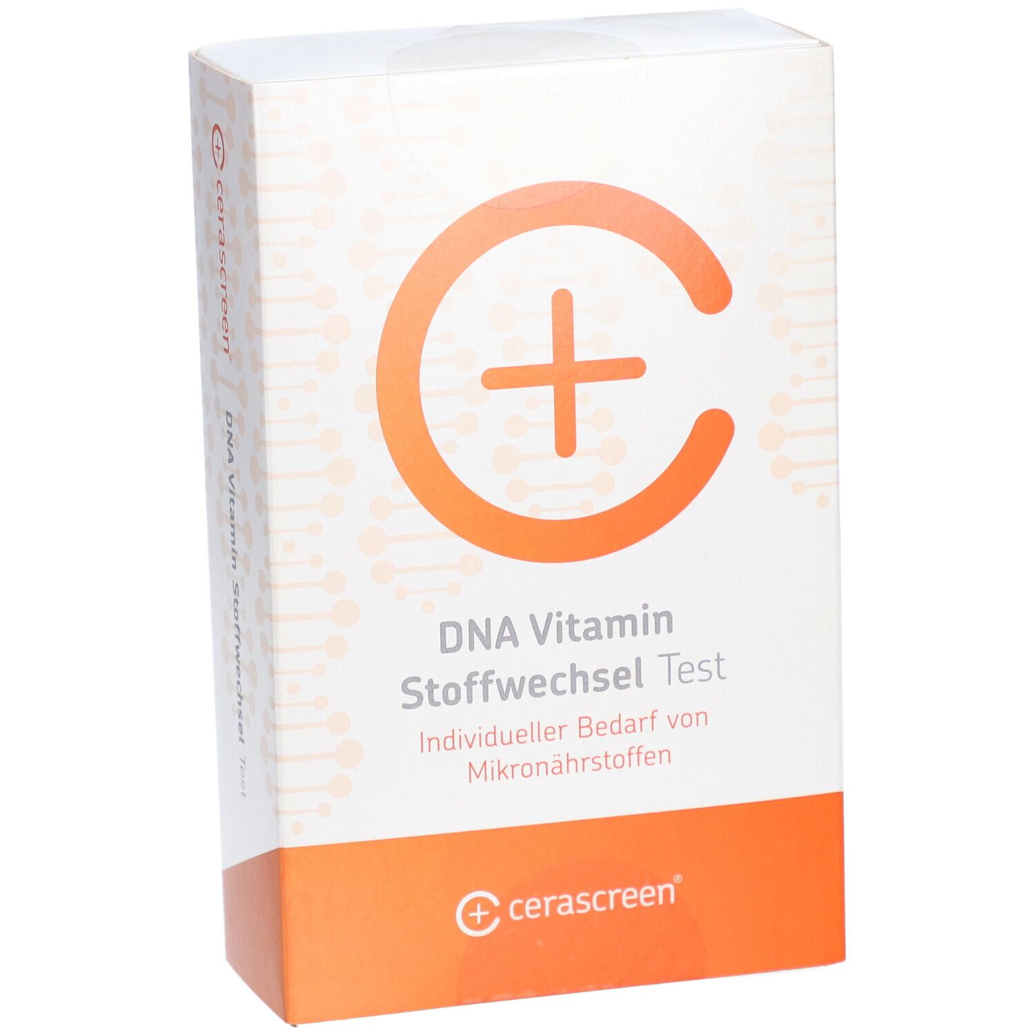 Schräg gestellte Verpackung des cerascreen® DNA Vitamin Stoffwechsel Tests. Orangefarbenes Logo und Schriftzug.