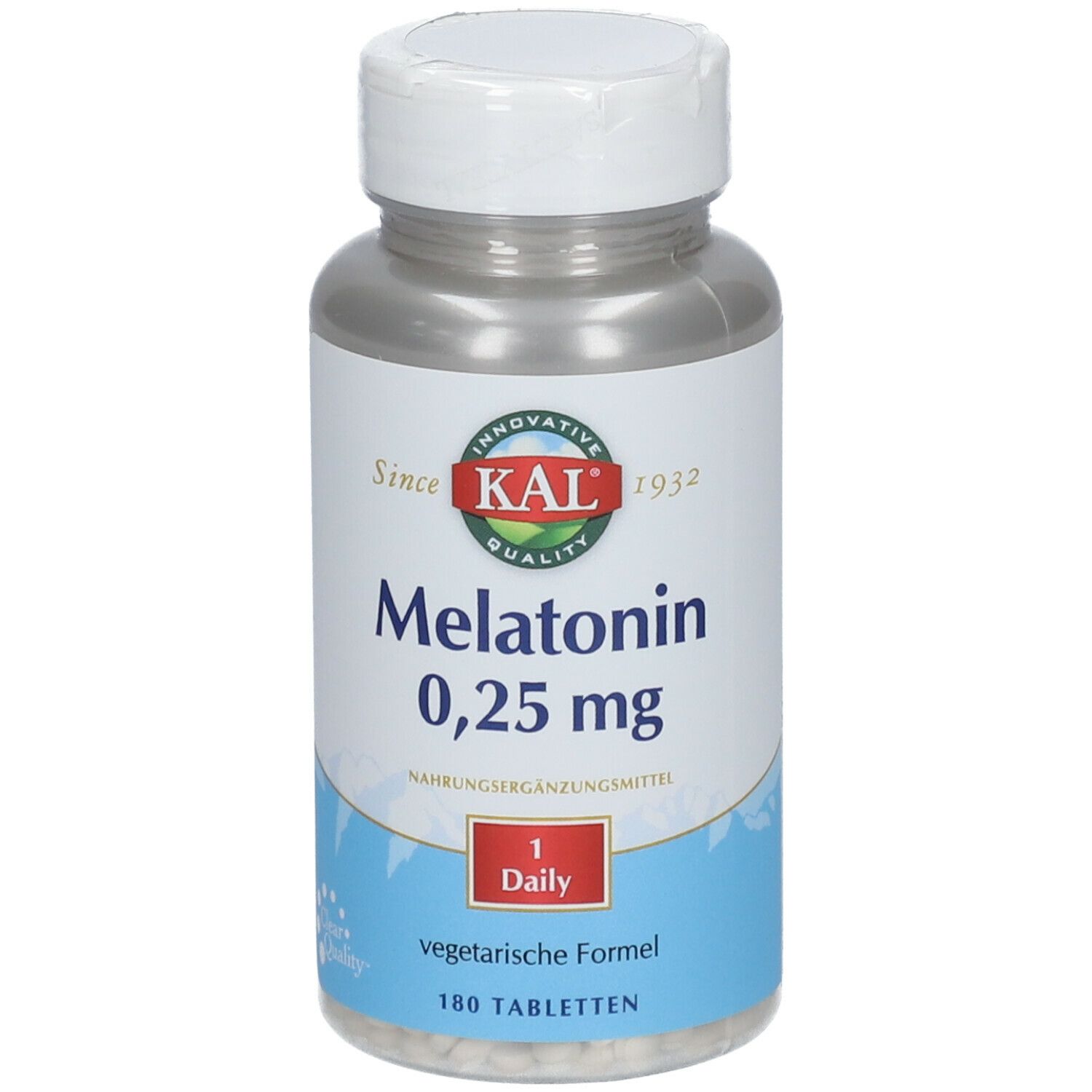 KAL Melatonin 0,25 mg. Flasche mit Tabletten. Weißer Deckel, blau-weiße Etikettierung. 180 Tabletten. Vegetarische Formel.