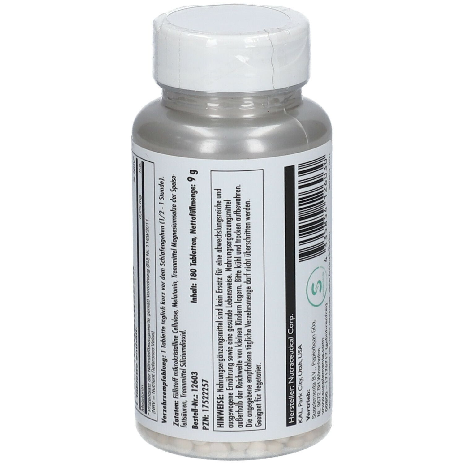 Rückseite der KAL Melatonin 0,25 mg Flasche. Nährwertangaben, Inhaltsstoffe, Hinweise. Tabletten sichtbar.