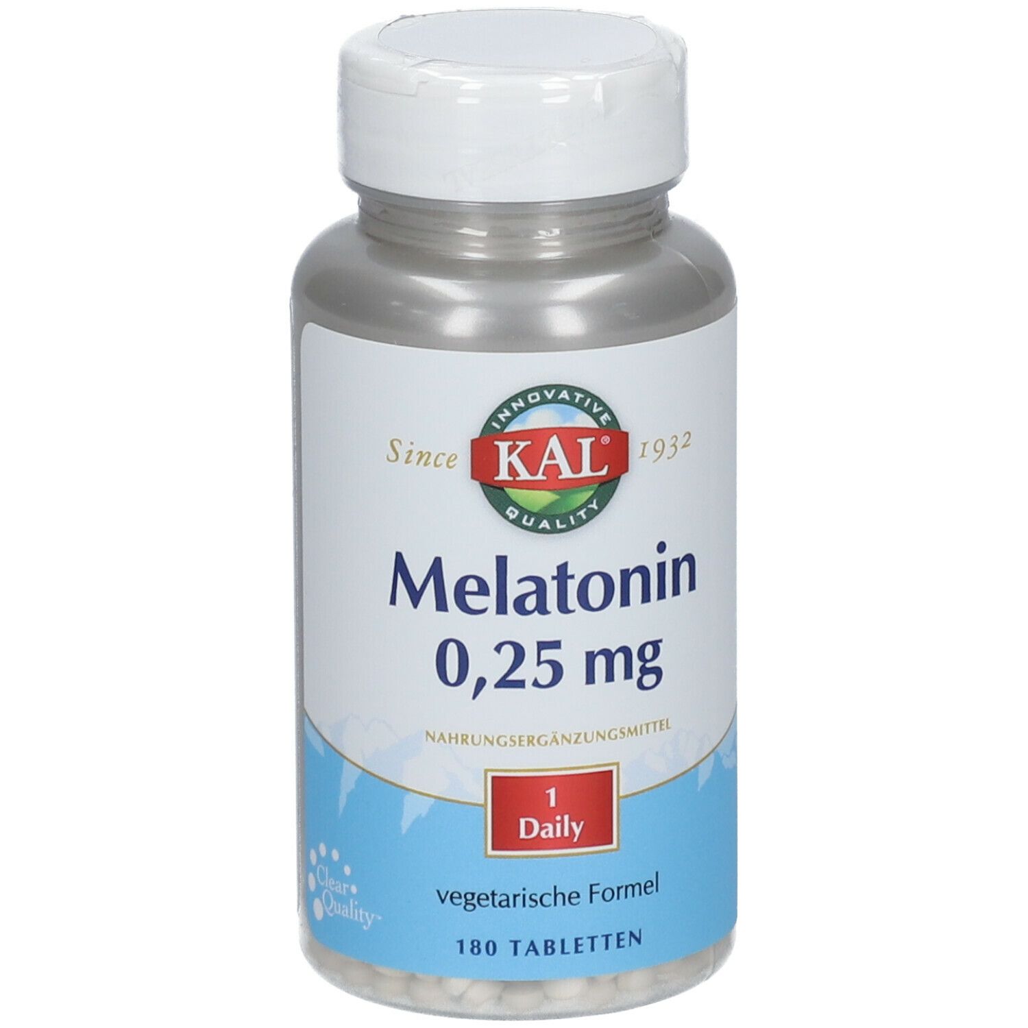 KAL Melatonin 0,25 mg Flasche. Weißer Deckel, blau-weißes Etikett. 180 Tabletten. Vegetarische Formel.