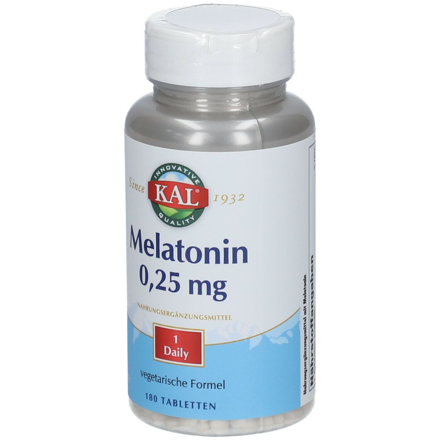 KAL Melatonin 0,25 mg Flasche. Weißer Deckel, blau-weißes Etikett. 180 Tabletten. Vegetarische Formel.
