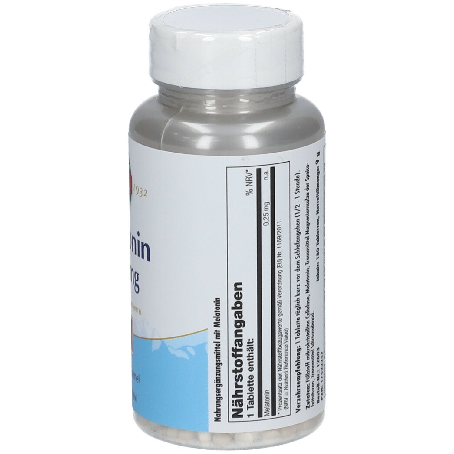KAL Melatonin 0,25 mg Flasche. Nährwertangaben, Inhaltsstoffe. 1 Tablette. Tabletten sichtbar.