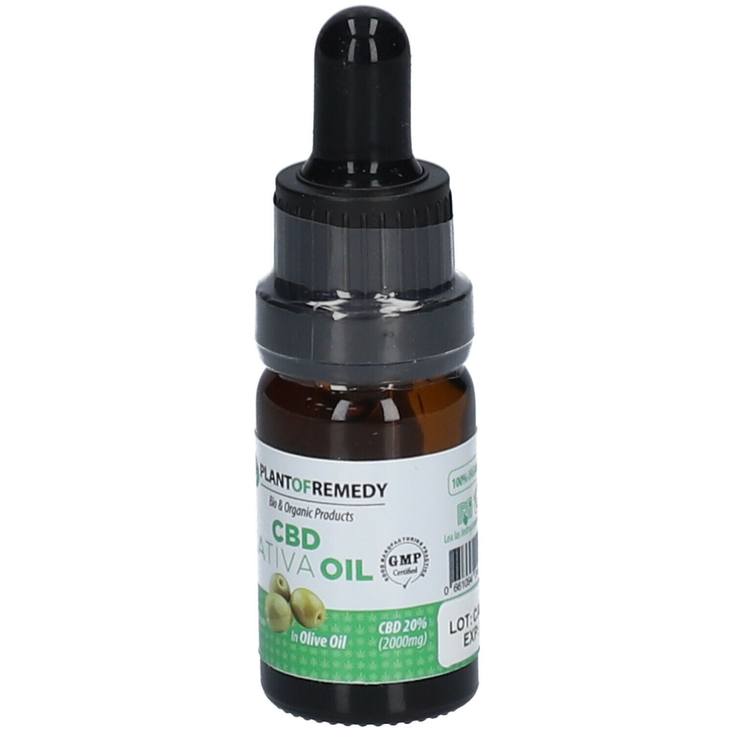 Braune Glasflasche mit schwarzem Tropfer. Aufschrift: CBD Sativa Oil in Olivenöl 20 %. Logo: Plant of Remedy.