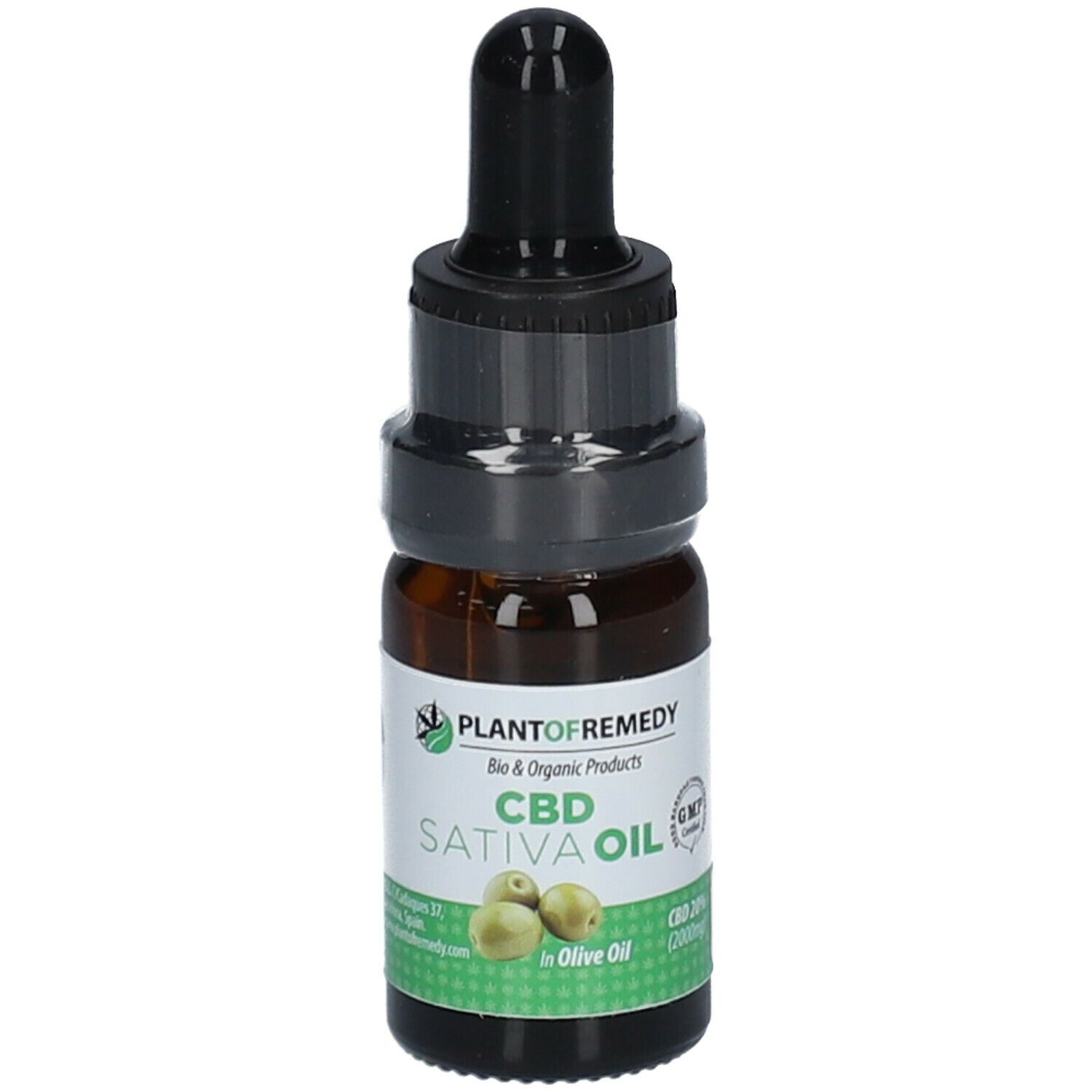 Braune Glasflasche mit schwarzem Tropfer. Aufschrift: CBD Sativa Oil in Olivenöl 20 %. Logo: Plant of Remedy.