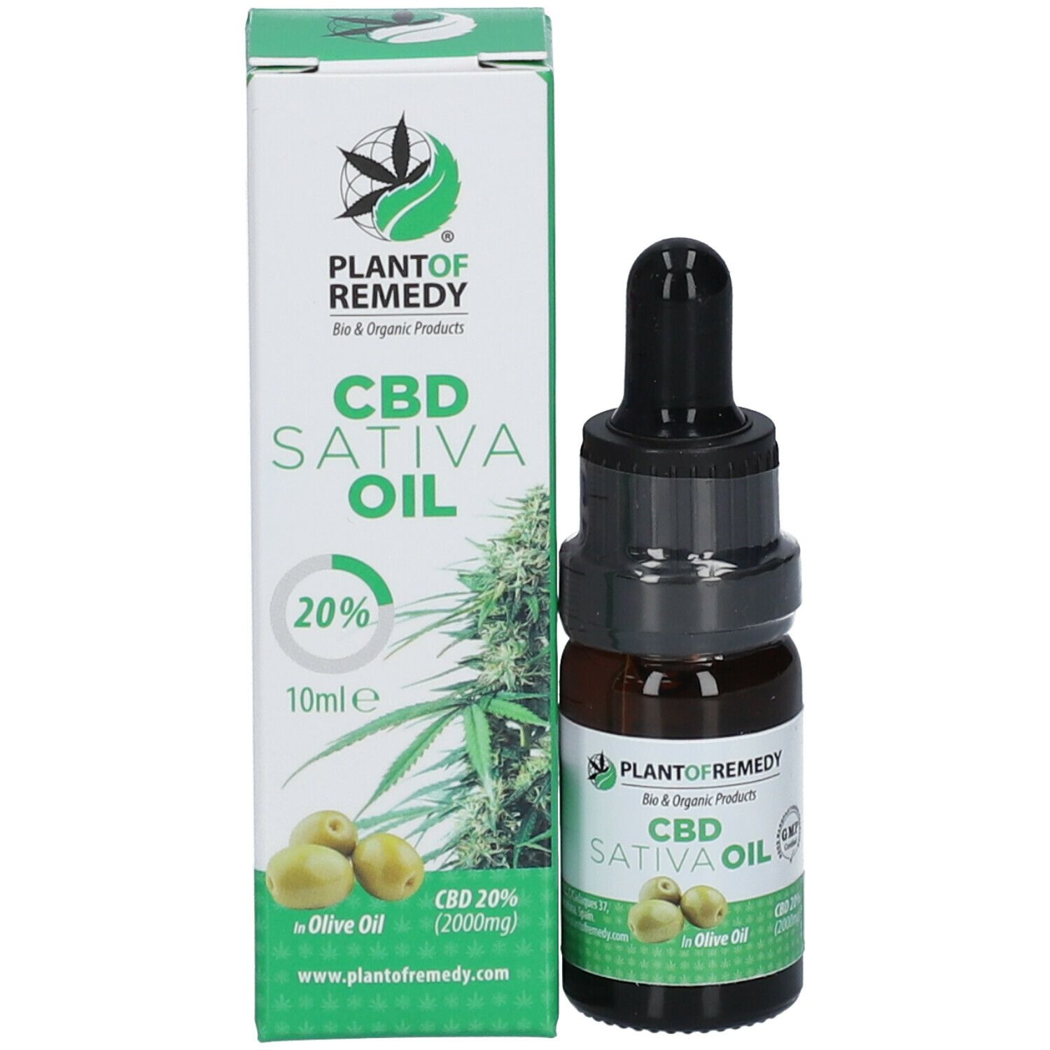 Produktverpackung mit Flasche und Karton. Aufschrift: CBD Sativa Oil in Olivenöl 20 %. Logo: Plant of Remedy. Hanfblatt.