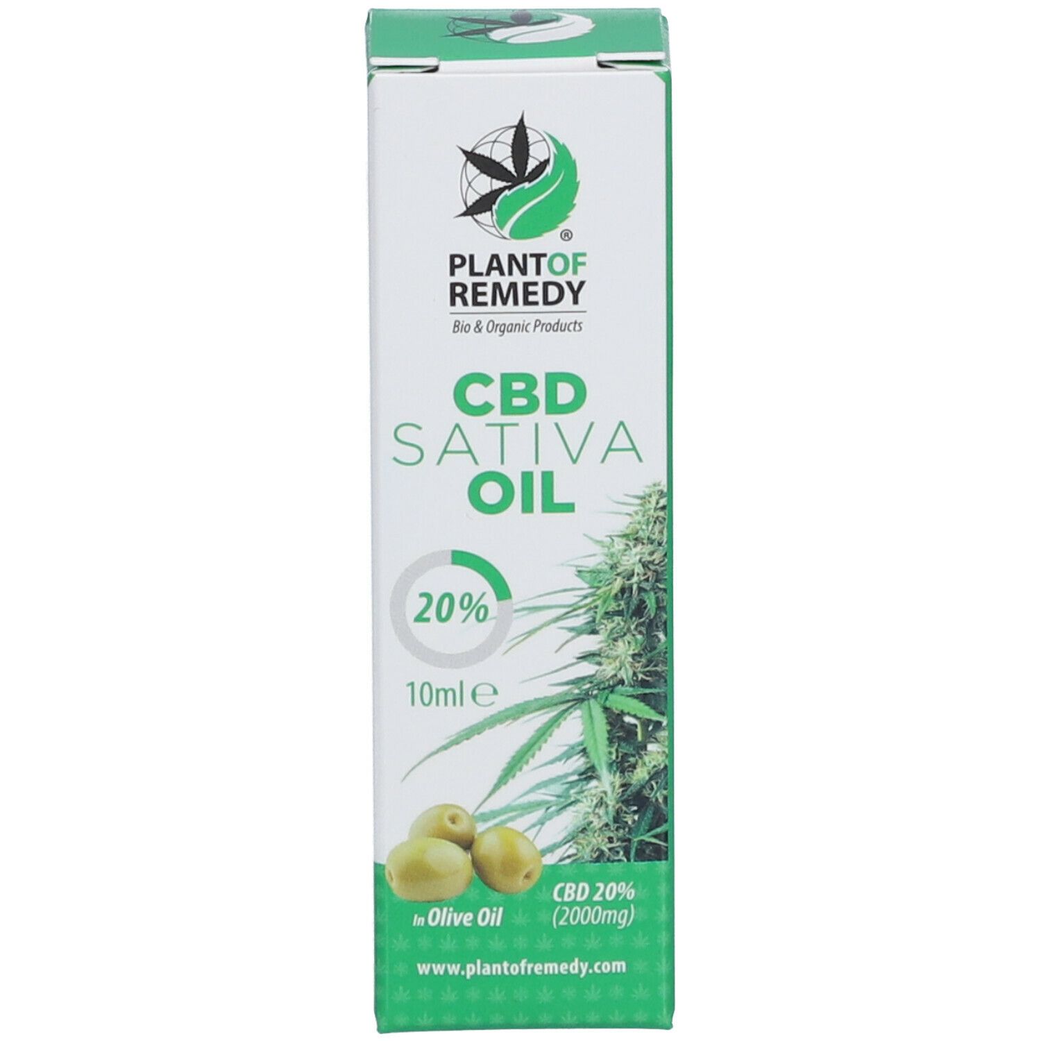 Produktverpackung. Aufschrift: CBD Sativa Oil in Olivenöl 20 %. Logo: Plant of Remedy. Hanfblatt.