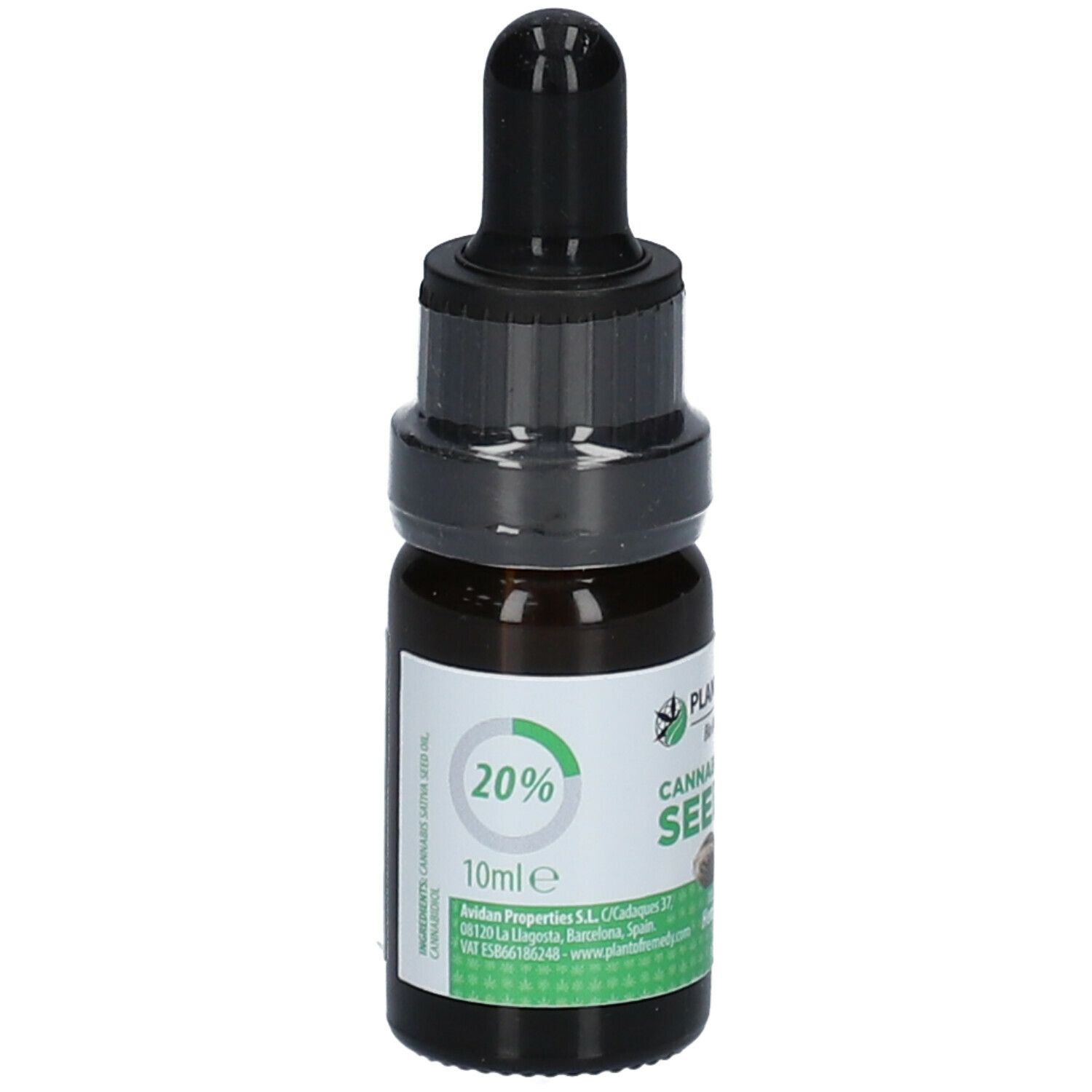 Braune Glasflasche mit schwarzem Tropfer. Etikett mit 20% Angabe und 10ml. Produktname und Hanfsamen-Abbildung.