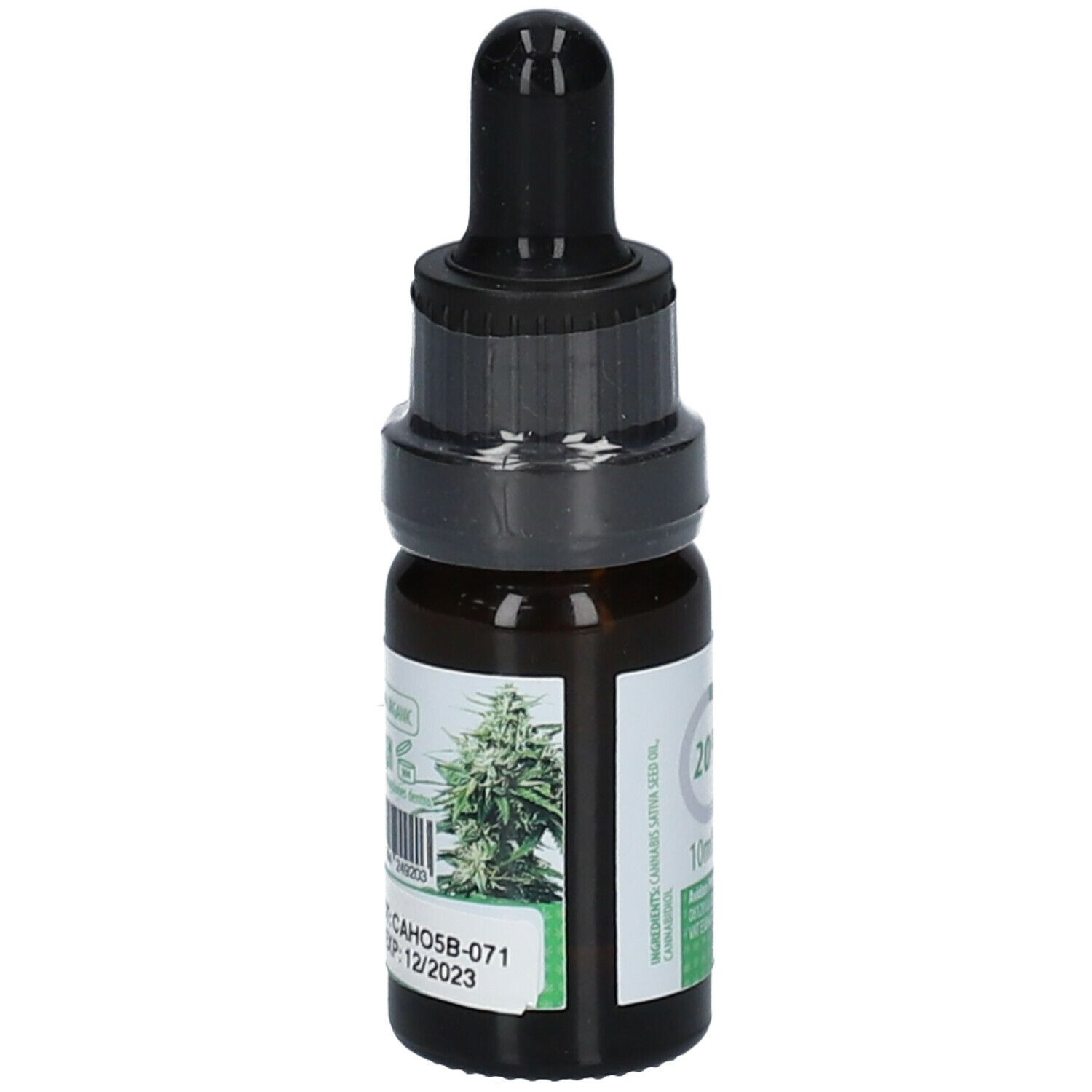 Braune Glasflasche mit schwarzem Tropfer. Etikett mit Hanfpflanze-Abbildung. Produktname und 20% Angabe. 10ml.