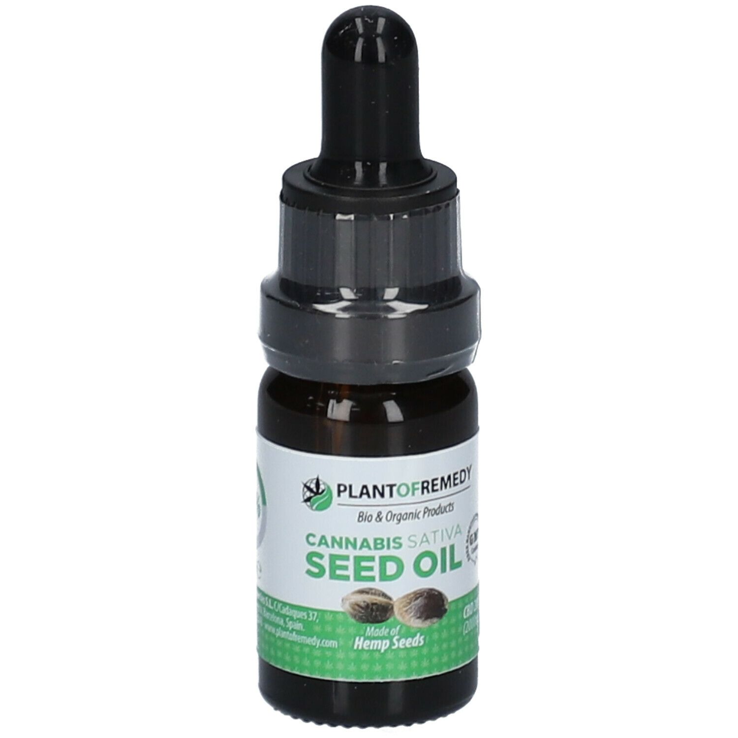 Braune Glasflasche mit schwarzem Tropfer. Etikett mit Produktnamen, Hanfsamen-Abbildung und GMP-Siegel. CBD 20%.