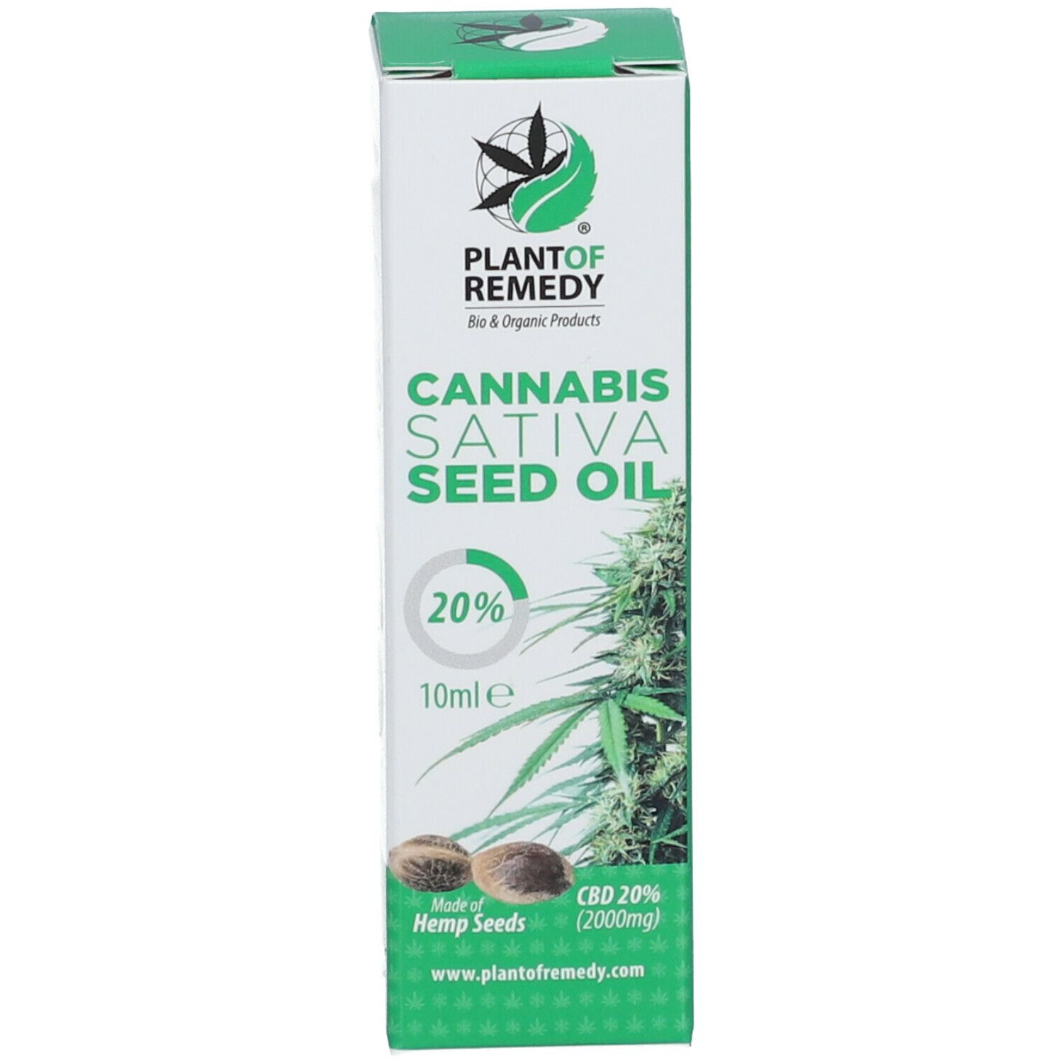 Produktverpackung. Verpackung mit Produktnamen, Hanfpflanze und 20% Angabe. Enthält 10ml.