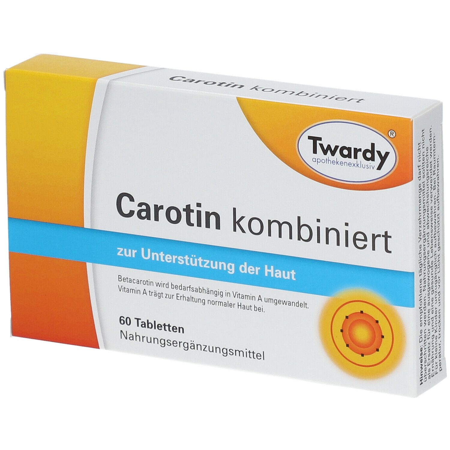 Schachtel mit "Carotin kombiniert". 60 Tabletten. Marke: Twardy. Zur Unterstützung der Haut.