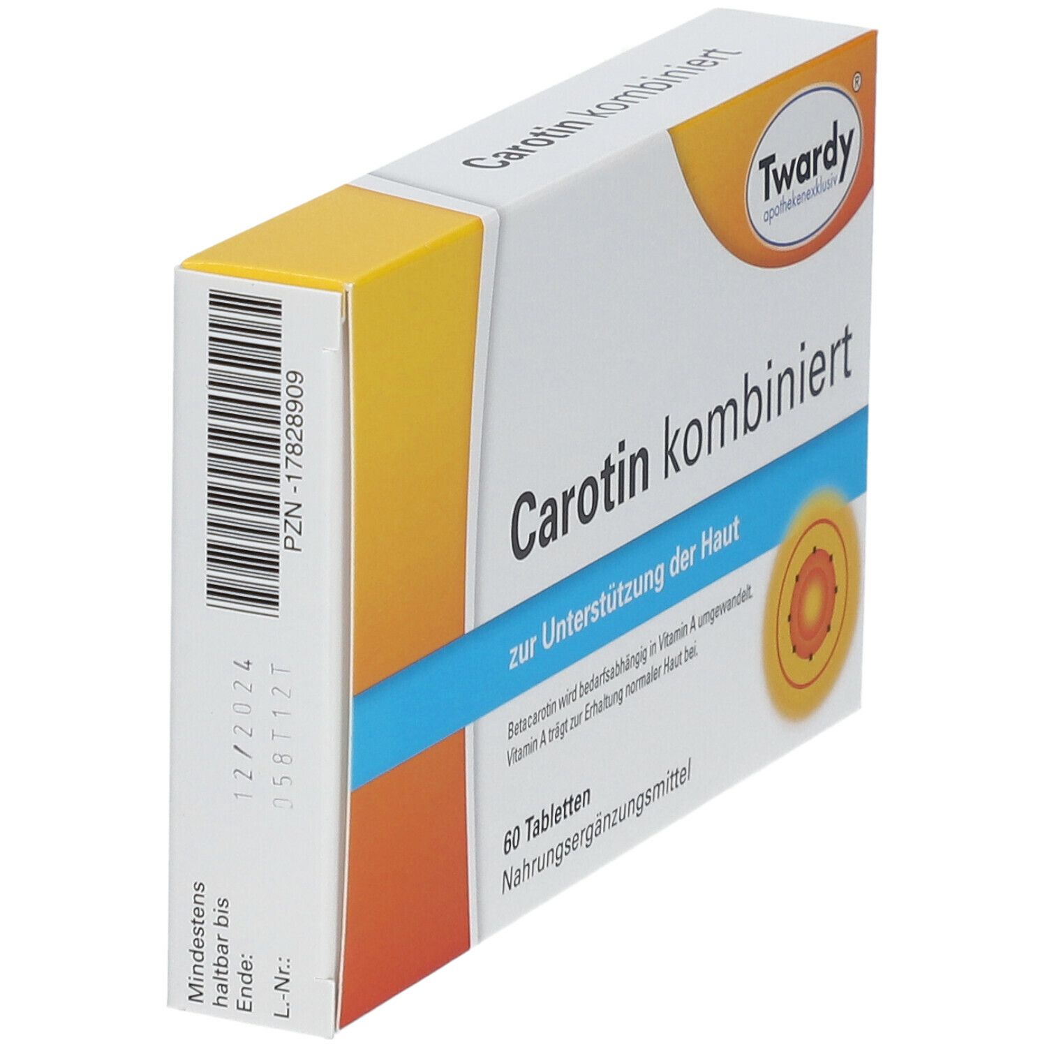 Seitenansicht der Schachtel "Carotin kombiniert". Marke: Twardy. 60 Tabletten. Mindesthaltbarkeit bis 12/2024.