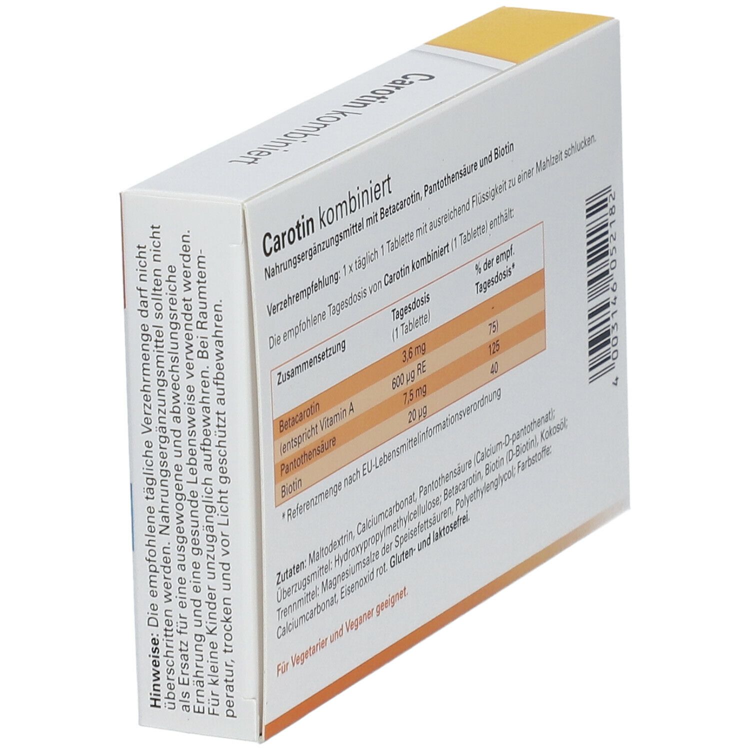 Schachtel "Carotin kombiniert". Rückseite mit Inhaltsstoffen und Nährwertangaben. Für Vegetarier und Veganer geeignet.