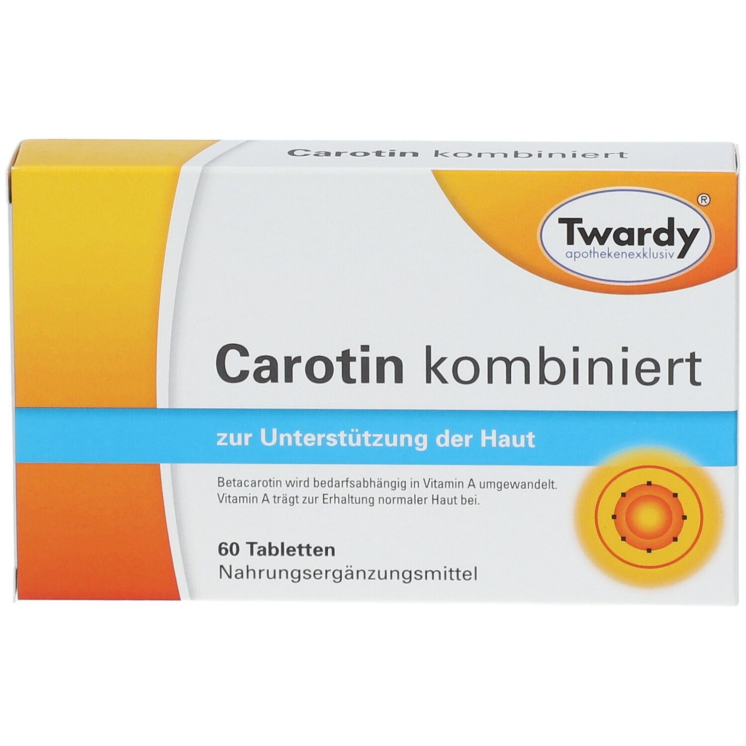 Schachtel "Carotin kombiniert". 60 Tabletten. Marke: Twardy. Zur Unterstützung der Haut. Nahrungsergänzungsmittel.