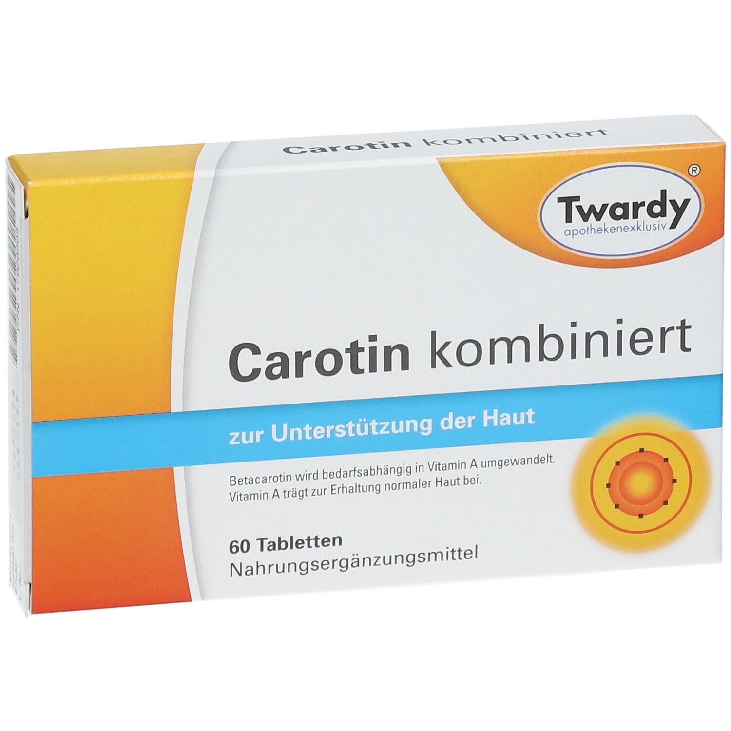 Schachtel "Carotin kombiniert". 60 Tabletten. Marke: Twardy. Zur Unterstützung der Haut. Nahrungsergänzungsmittel.
