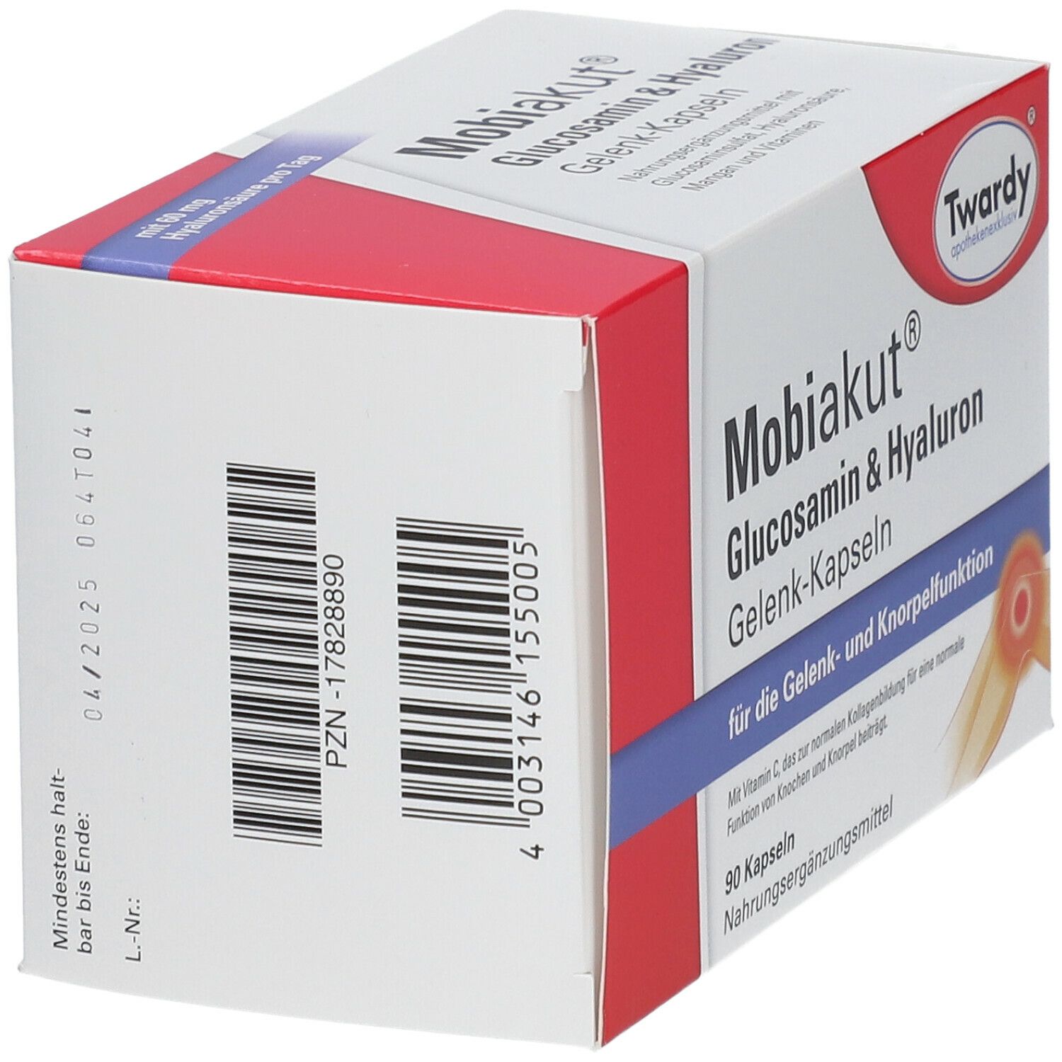 Seitenansicht der weißen und roten Schachtel. Barcode, PZN-Nummer und Mindesthaltbarkeitsdatum. Produktname: Mobiakut® Glucosamin & Hyaluron.
