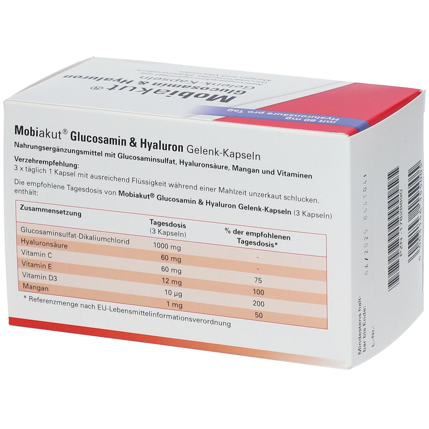 Rückseite der Schachtel mit Inhaltsstoffen und Verzehrempfehlung. Text in deutscher Sprache. Produktname: Mobiakut® Glucosamin & Hyaluron Gelenk-Kapseln.
