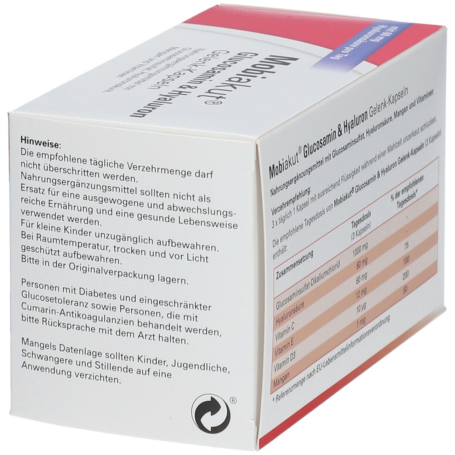 Rückseite der Schachtel mit Warnhinweisen und Informationen. Text in deutscher Sprache. Produktname: Mobiakut® Glucosamin & Hyaluron Gelenk-Kapseln.