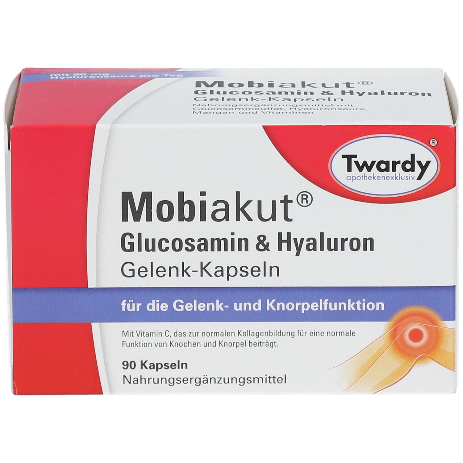 Schachtel mit Produktnamen "Mobiakut® Glucosamin & Hyaluron Gelenk-Kapseln". Logo und Text. 90 Kapseln. Nahrungsergänzungsmittel.