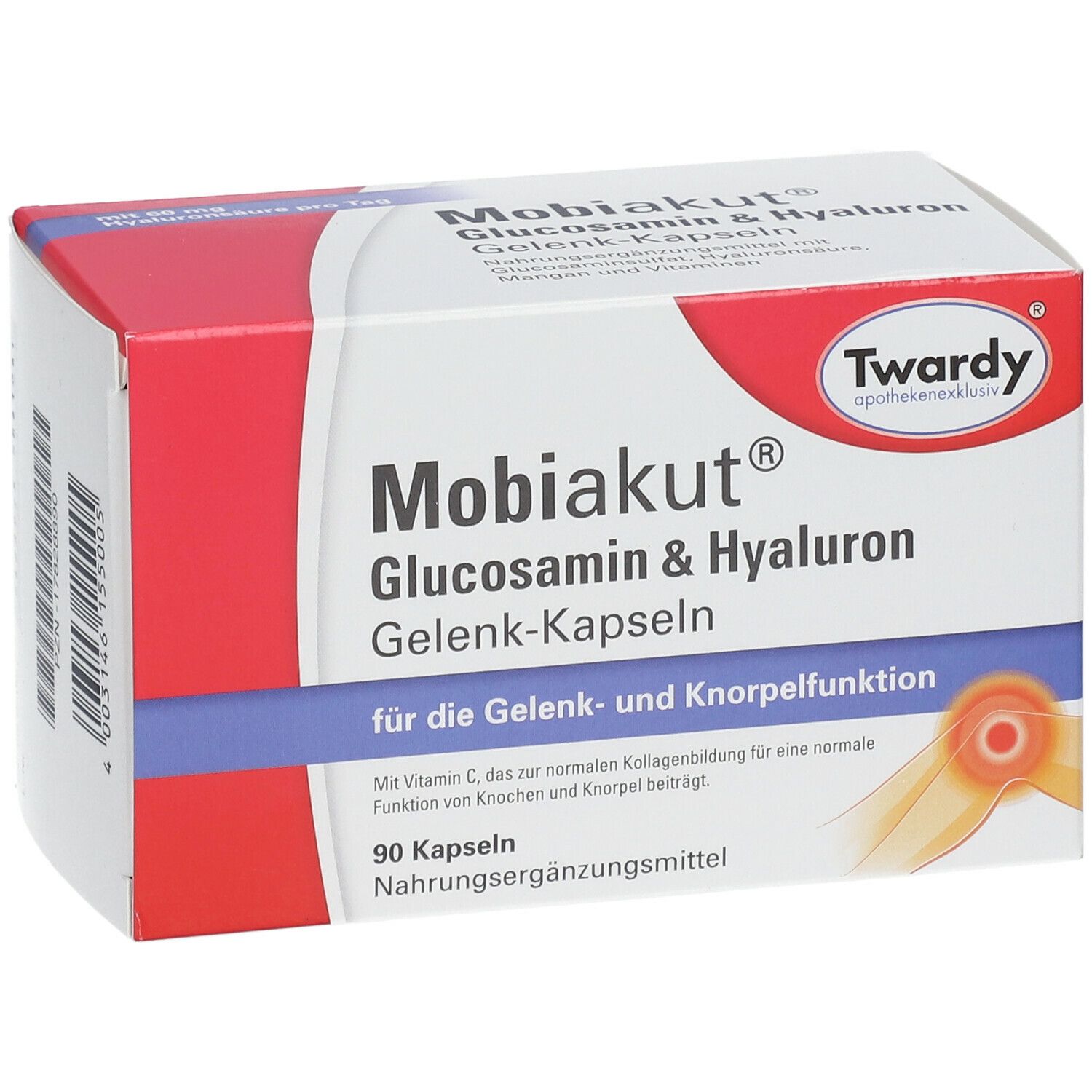 Schachtel mit Produktnamen "Mobiakut® Glucosamin & Hyaluron Gelenk-Kapseln". Logo und Text. 90 Kapseln. Nahrungsergänzungsmittel.