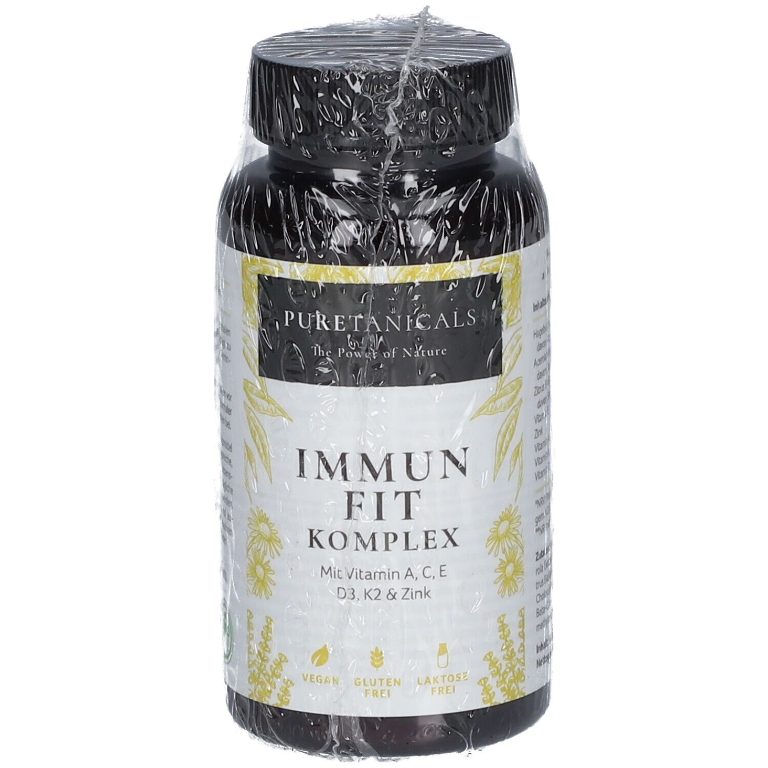 Braune Flasche mit PURETANICALS Immun Fit Komplex. Aufschrift: Mit Vitamin A, C, E, D3, K2 & Zink. Vegan, glutenfrei, laktosefrei.