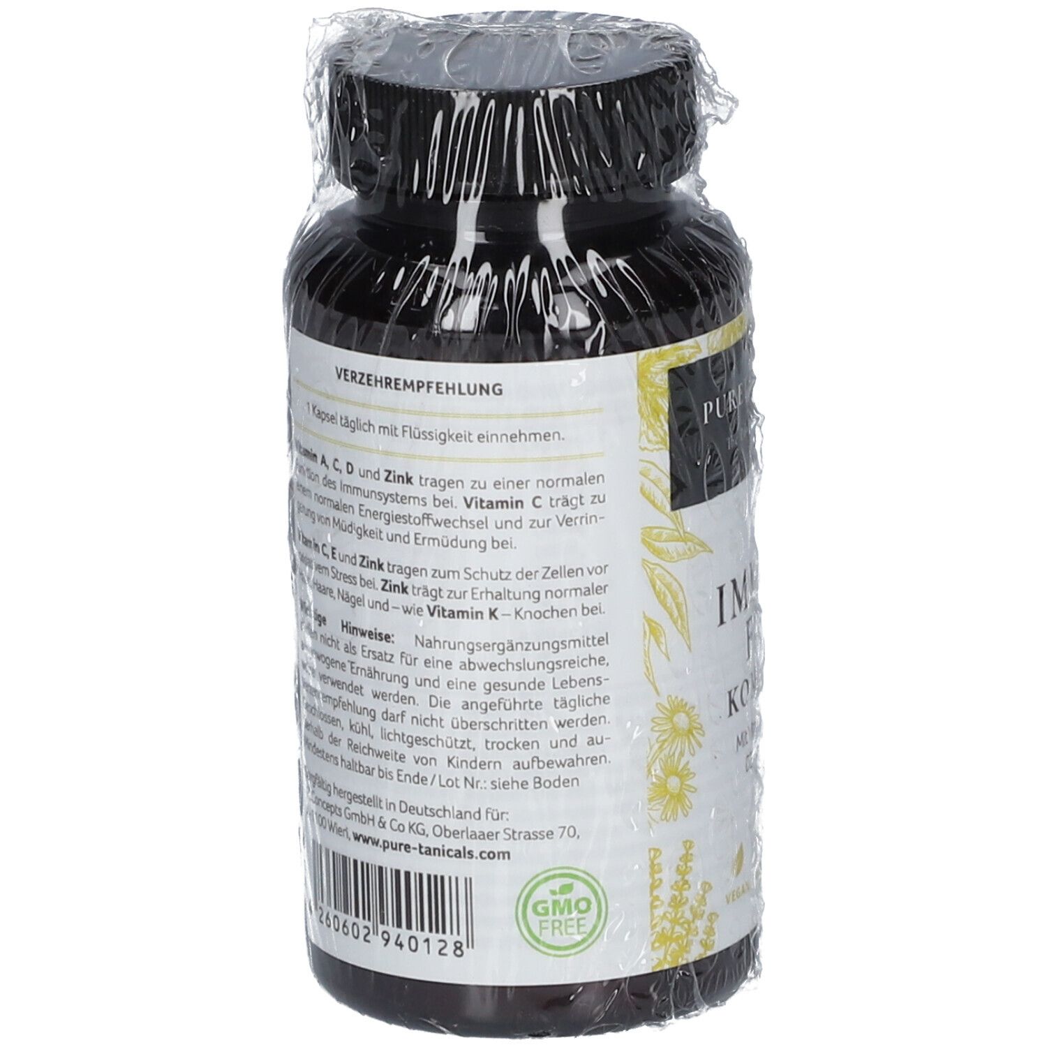 Rückseite der Flasche PURETANICALS Immun Fit Komplex. Text: Verzehrempfehlung, Inhaltsstoffe, Hinweise. GMO Free Siegel.