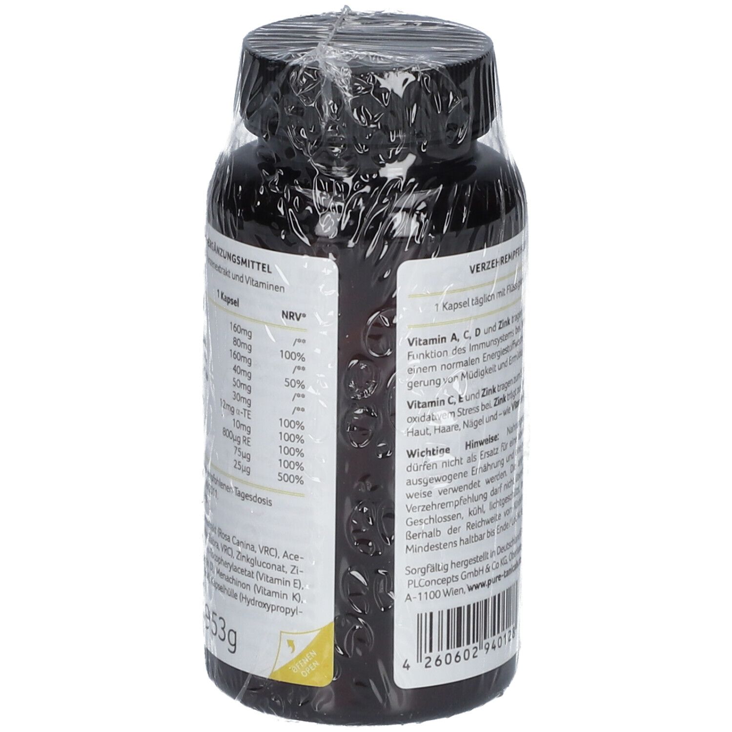 Rückseite der Flasche PURETANICALS Immun Fit Komplex. Text: Nährwertangaben, Inhaltsstoffe, Verzehrempfehlung. Gewicht: 53g.