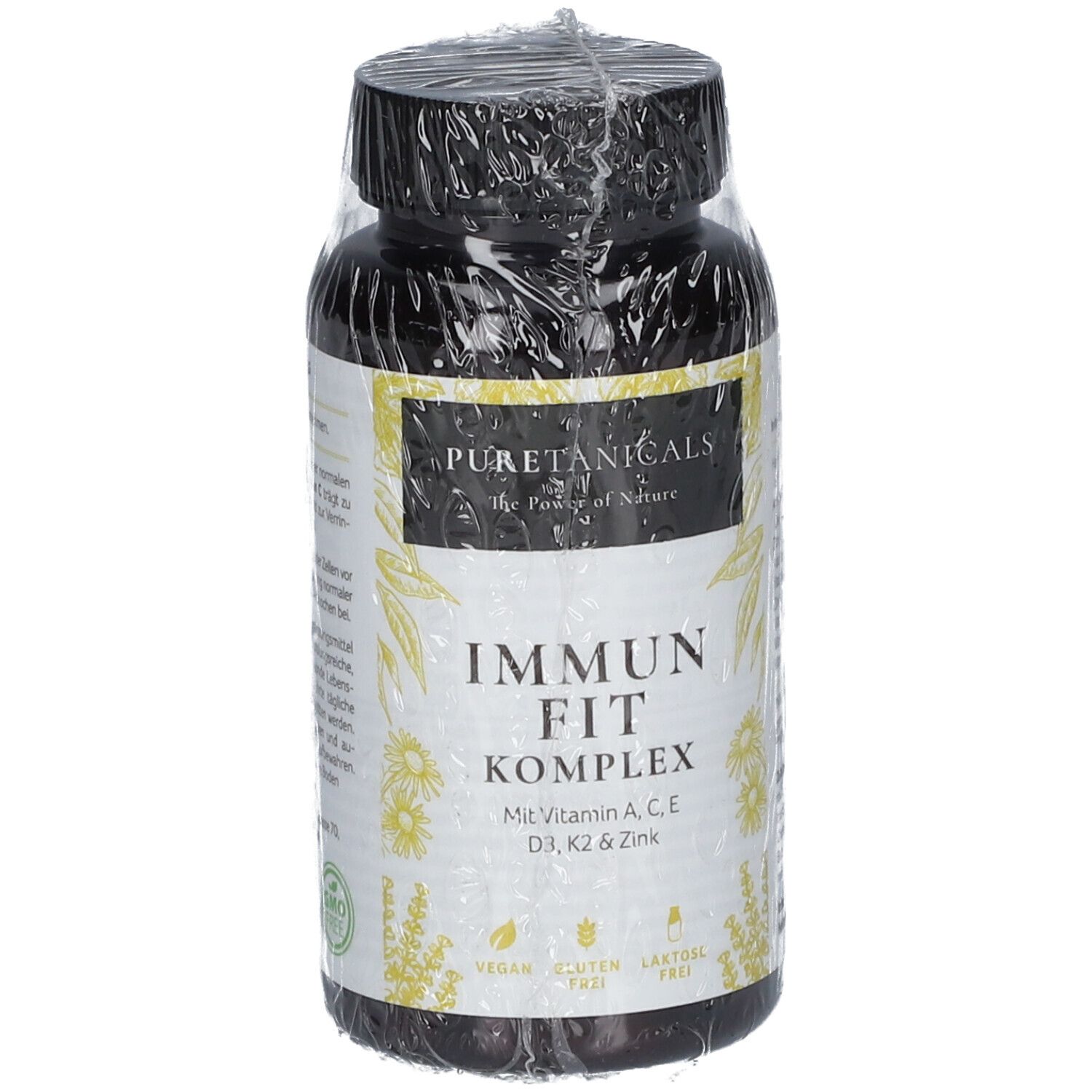 Braune Flasche PURETANICALS Immun Fit Komplex. Aufschrift: Mit Vitamin A, C, E, D3, K2 & Zink. Vegan, glutenfrei, laktosefrei.