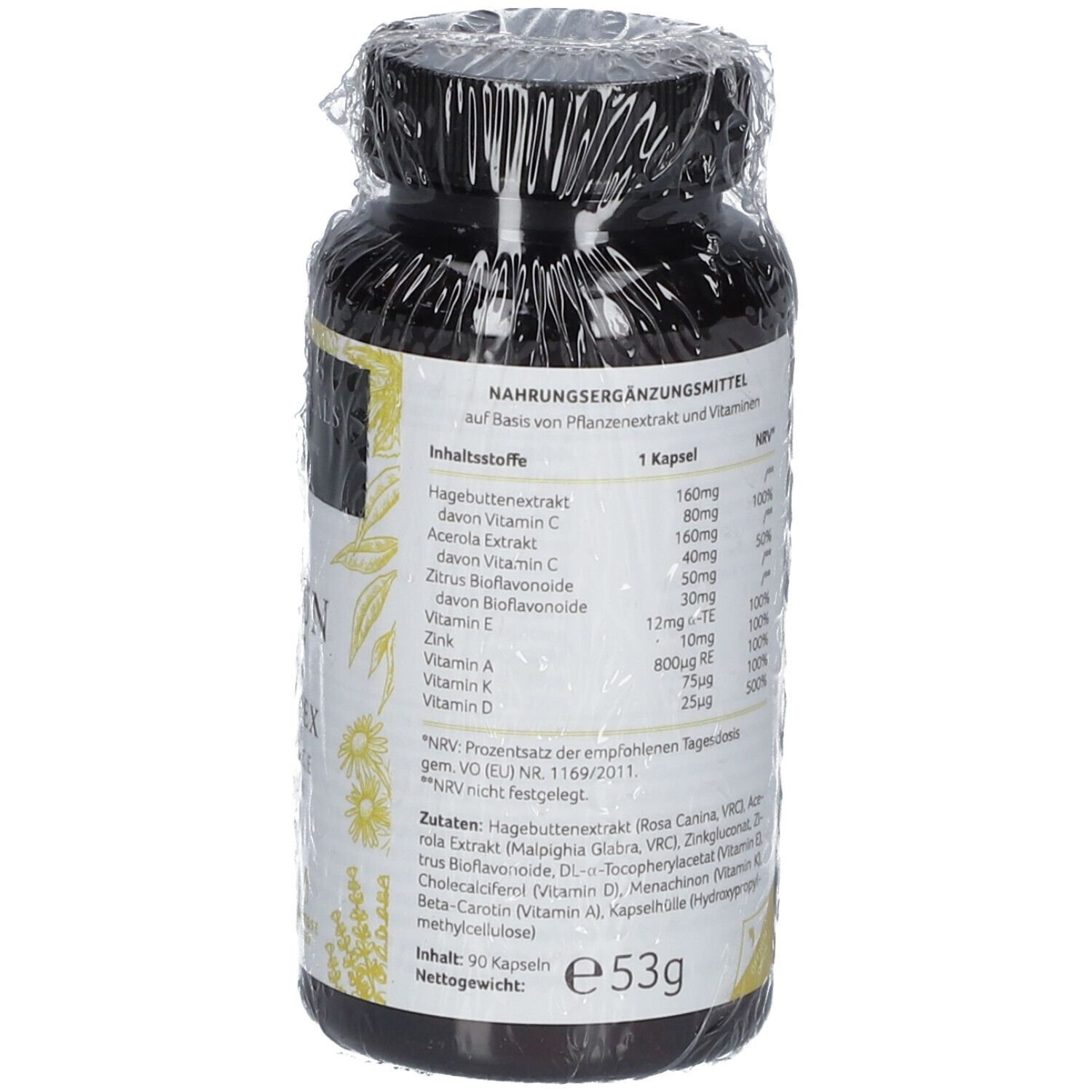 Rückseite der Flasche PURETANICALS Immun Fit Komplex. Text: Inhaltsstoffe, Nährwertangaben. Nettogewicht: 53g. Enthält 90 Kapseln.