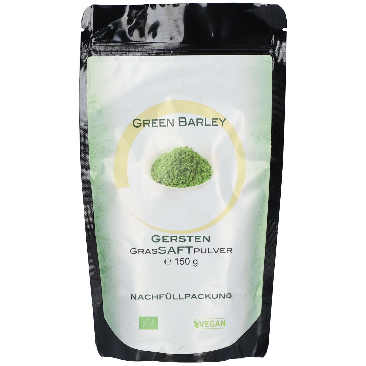 Grünes Pulver in Nachfüllpackung. Text: Green Barley, Gersten Grassaftpulver, 150 g. Bio-Siegel und Vegan-Logo.