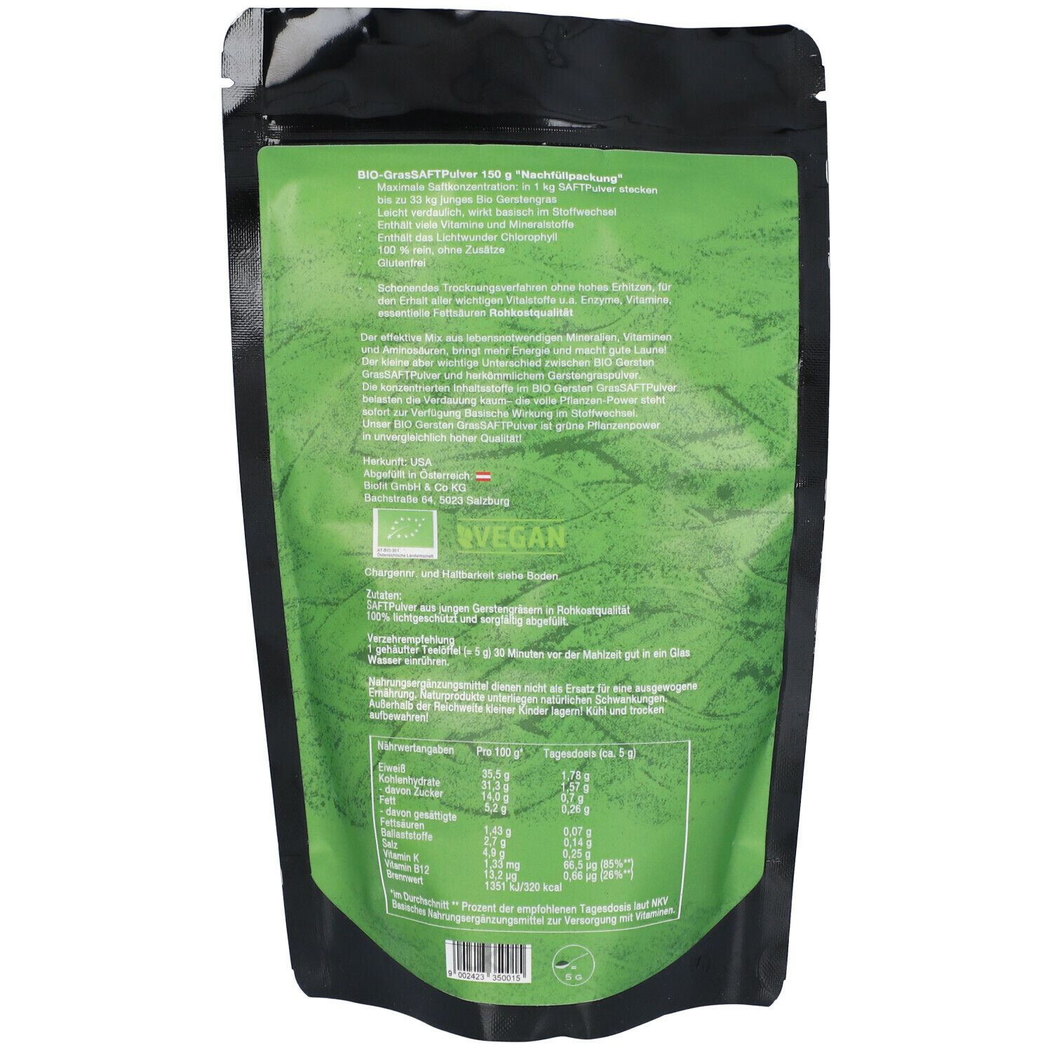 Rückseite der Nachfüllpackung. Text und Nährwertangaben. Bio-Siegel und Vegan-Logo. Grüne Blätter als Hintergrund.