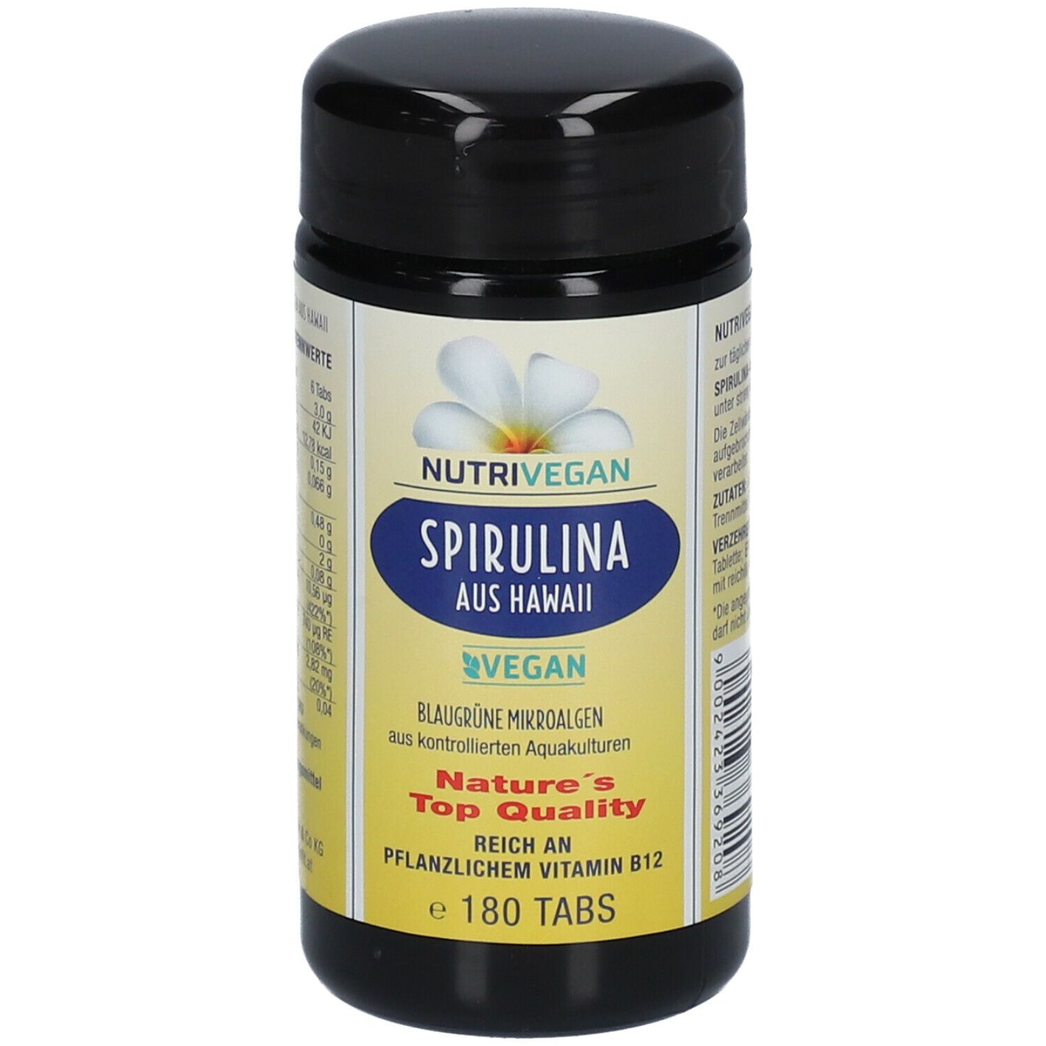 Schwarze Dose mit NUTRIVEGAN Spirulina. Aufschrift: Spirulina aus Hawaii, vegan, blaue Mikroalgen, Nature's Top Quality, 180 Tabs.