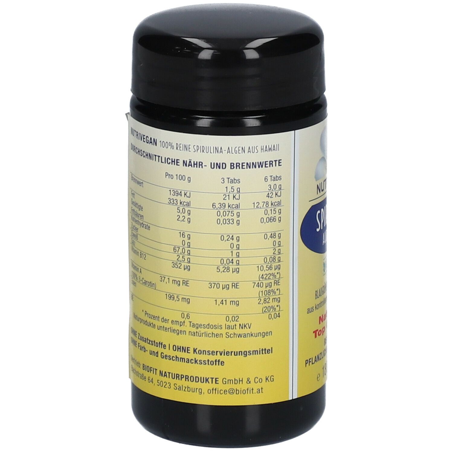 Rückseite der schwarzen Dose mit Nährwertangaben für NUTRIVEGAN Spirulina. Enthält Informationen zu Nährwerten pro 100g und pro Portion.