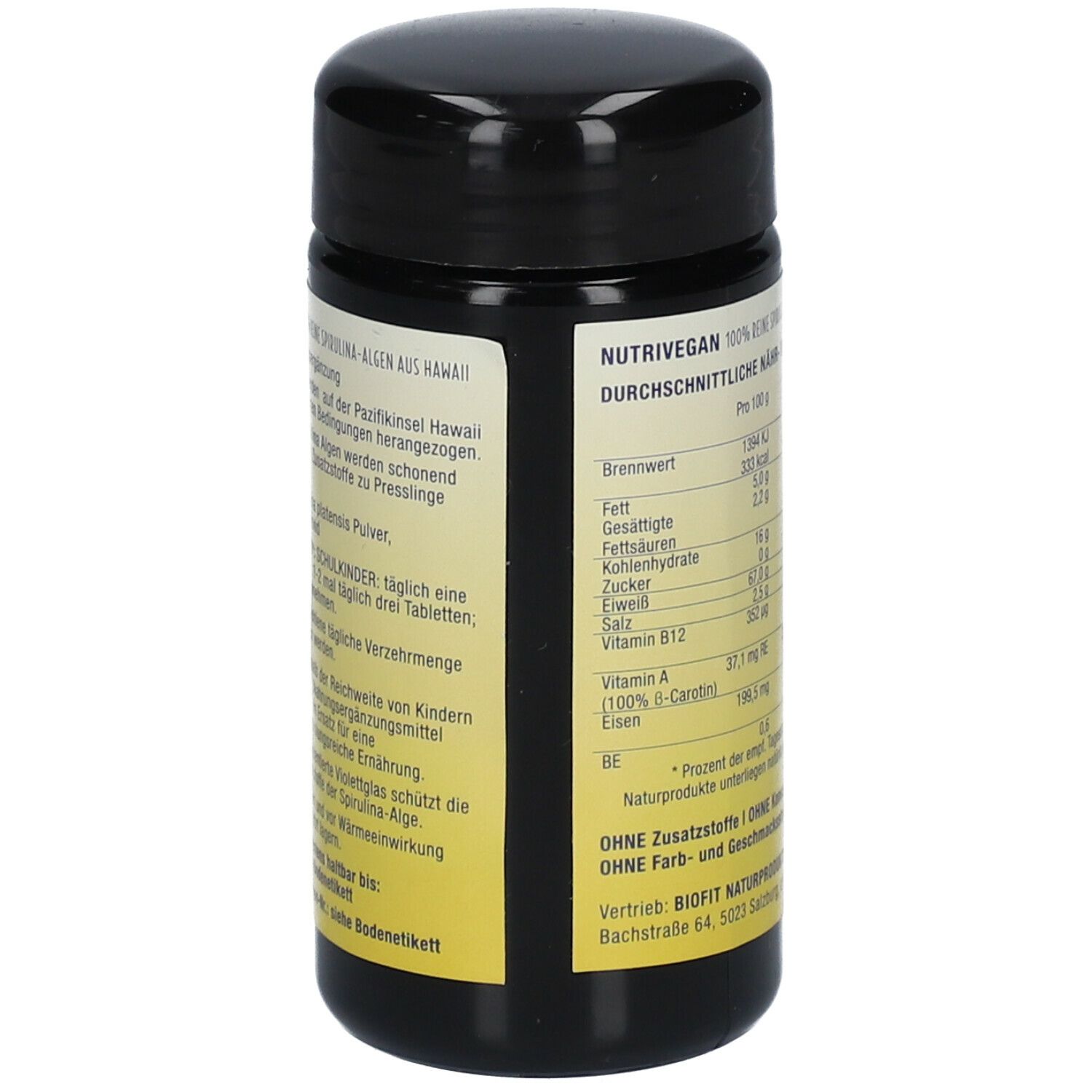 Rückseite der schwarzen Dose mit Nährwertangaben für NUTRIVEGAN Spirulina. Enthält Informationen zu Nährwerten und Inhaltsstoffen.