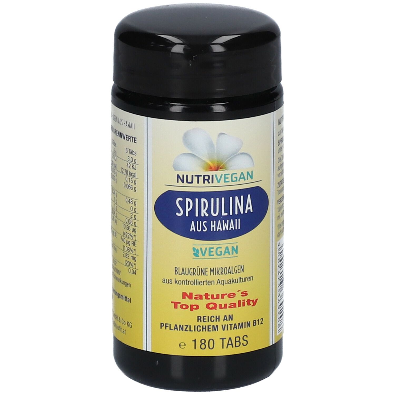 Schwarze Dose mit NUTRIVEGAN Spirulina. Aufschrift: Spirulina aus Hawaii, vegan, blaue Mikroalgen, Nature's Top Quality, 180 Tabs.