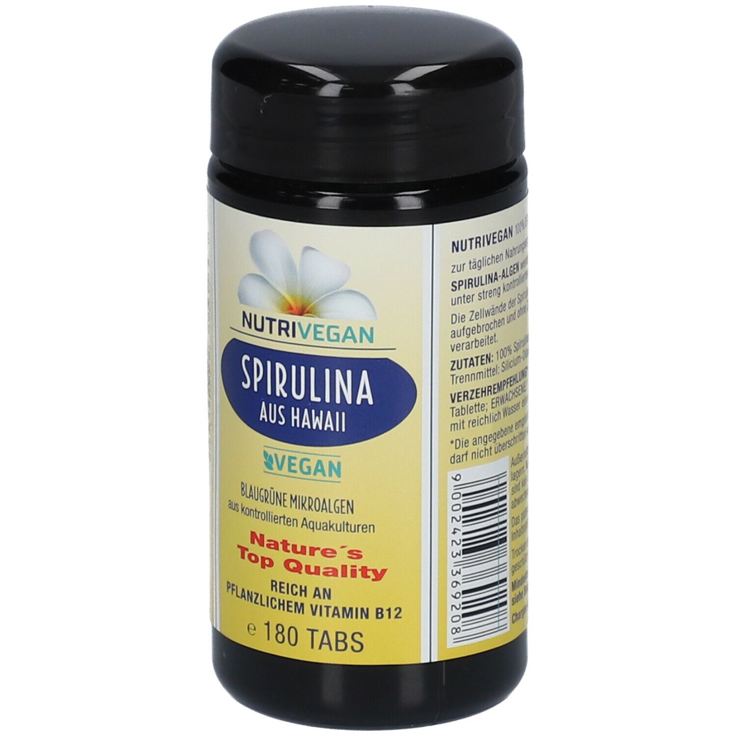 Schwarze Dose mit NUTRIVEGAN Spirulina. Aufschrift: Spirulina aus Hawaii, vegan, blaue Mikroalgen, Nature's Top Quality, 180 Tabs.