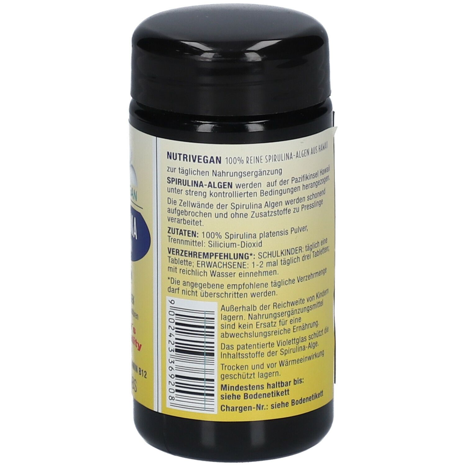 Rückseite der schwarzen Dose mit Informationen zu NUTRIVEGAN Spirulina. Enthält Informationen zur Anwendung und Inhaltsstoffe.