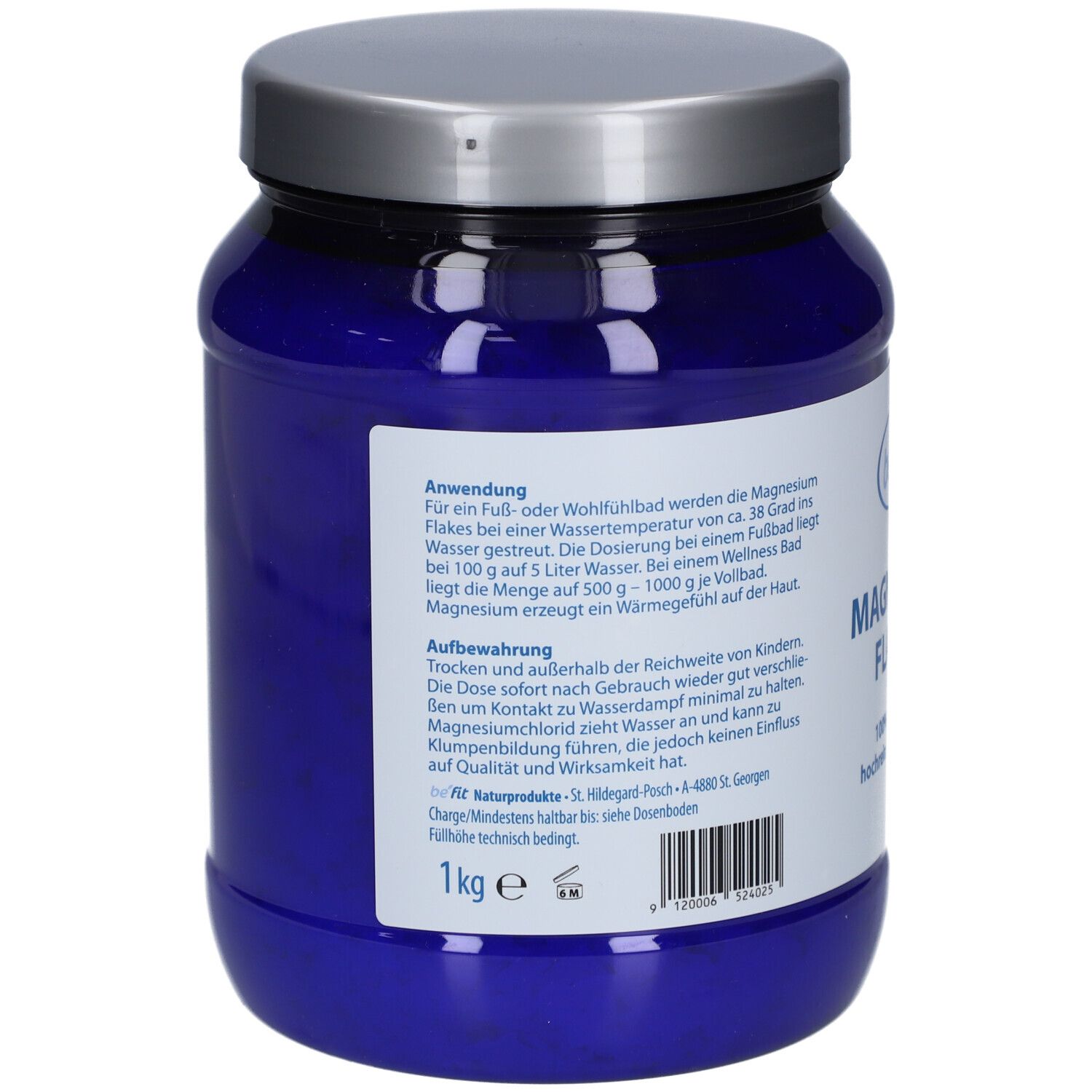 Blaue Dose mit silbernem Deckel. Rückseite mit Text und weißem Etikett. Aufschrift: 1 kg. Marke: be fit.