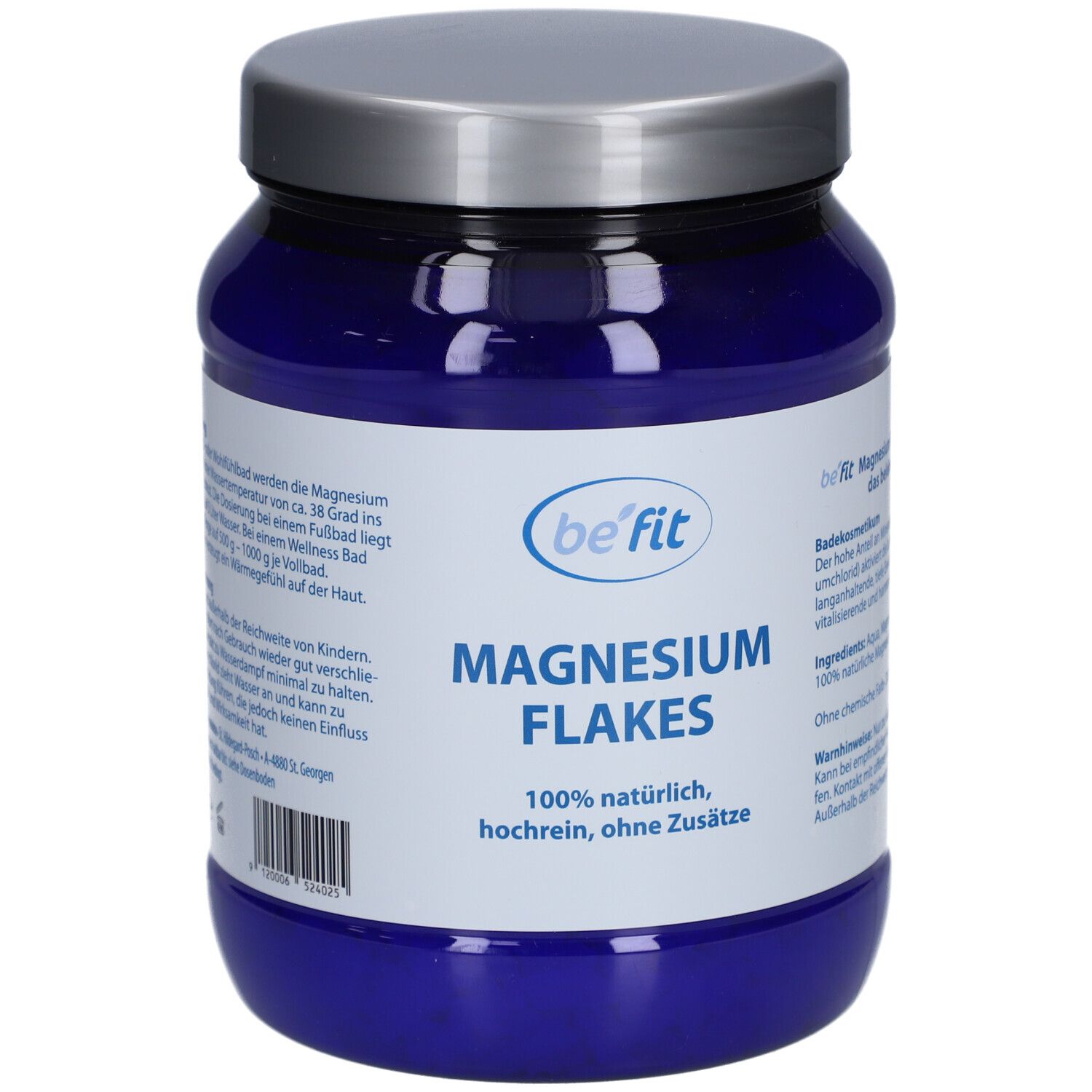Blaue Dose mit silbernem Deckel. Vorderseite mit Text und weißem Etikett. Aufschrift: Magnesium Flakes, 100% natürlich, ohne Zusätze. Marke: be fit.
