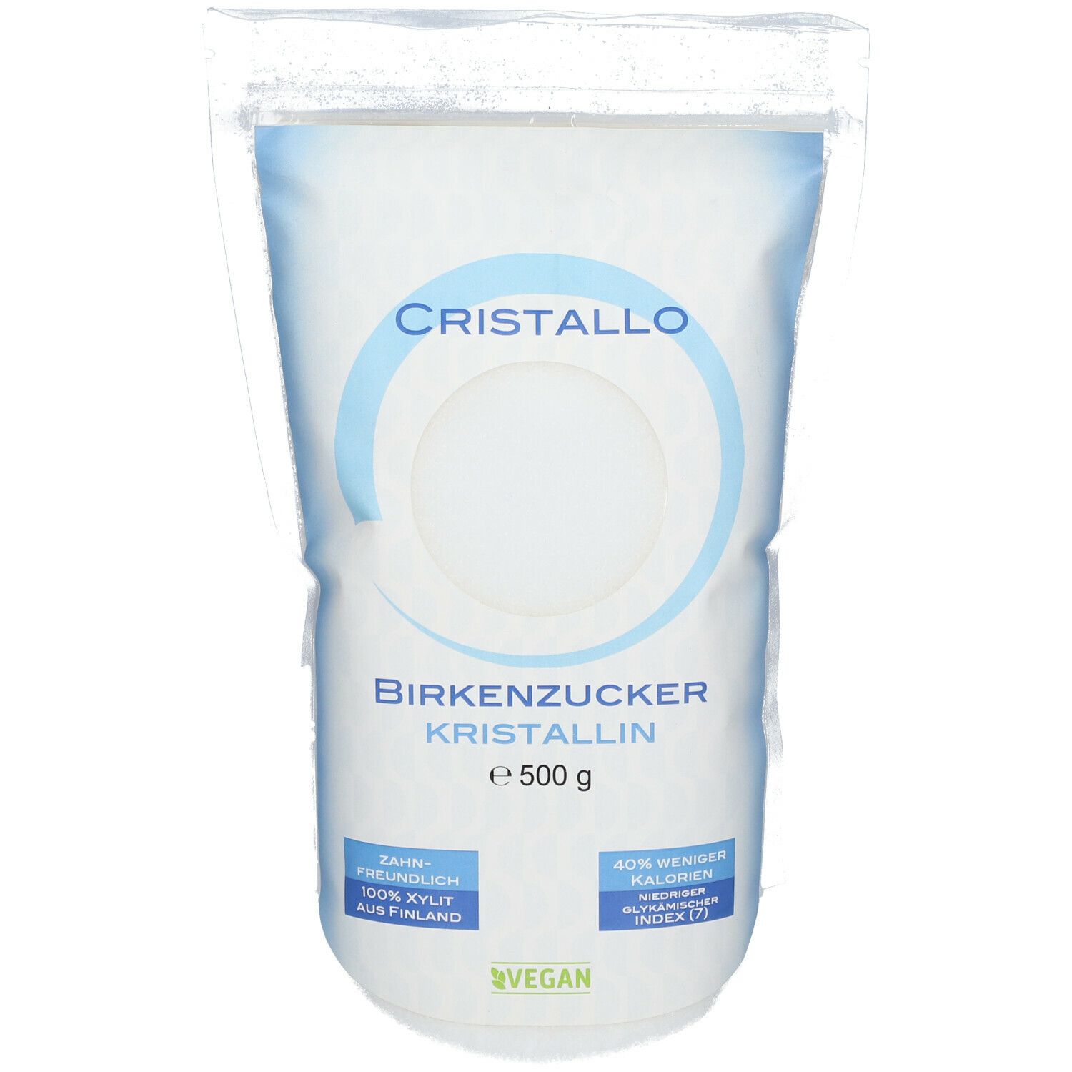 Verpackung von Cristallo Birkenzucker. Enthält 500 g. Mit Aufdrucken zu Zahnfreundlichkeit, 100% Xylit aus Finnland, vegan und 40% weniger Kalorien.