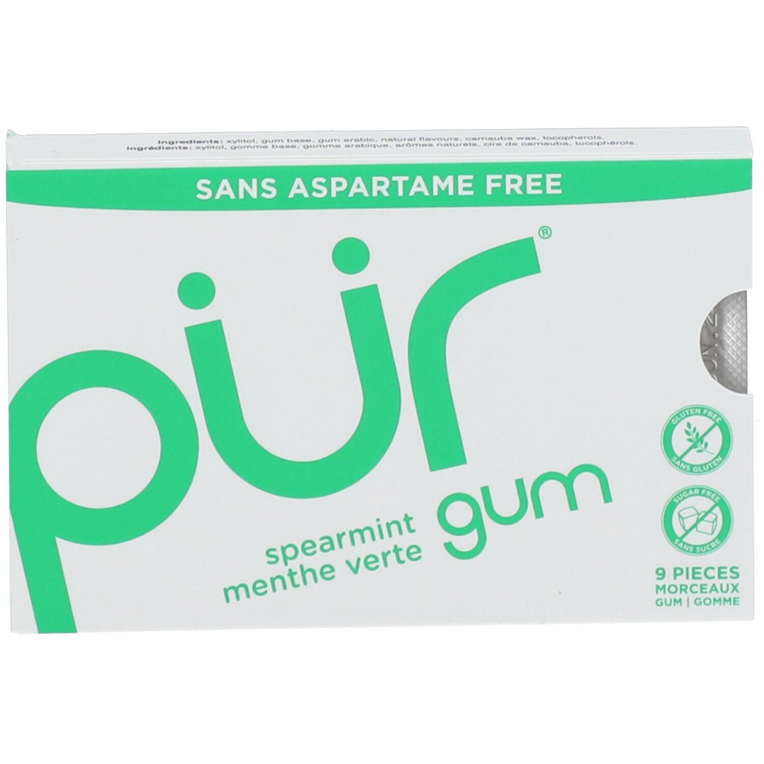 Weiße Schachtel mit grünem "pür gum"-Logo und "Spearmint"-Text. Enthält 9 Stück. Glutenfrei und zuckerfrei.