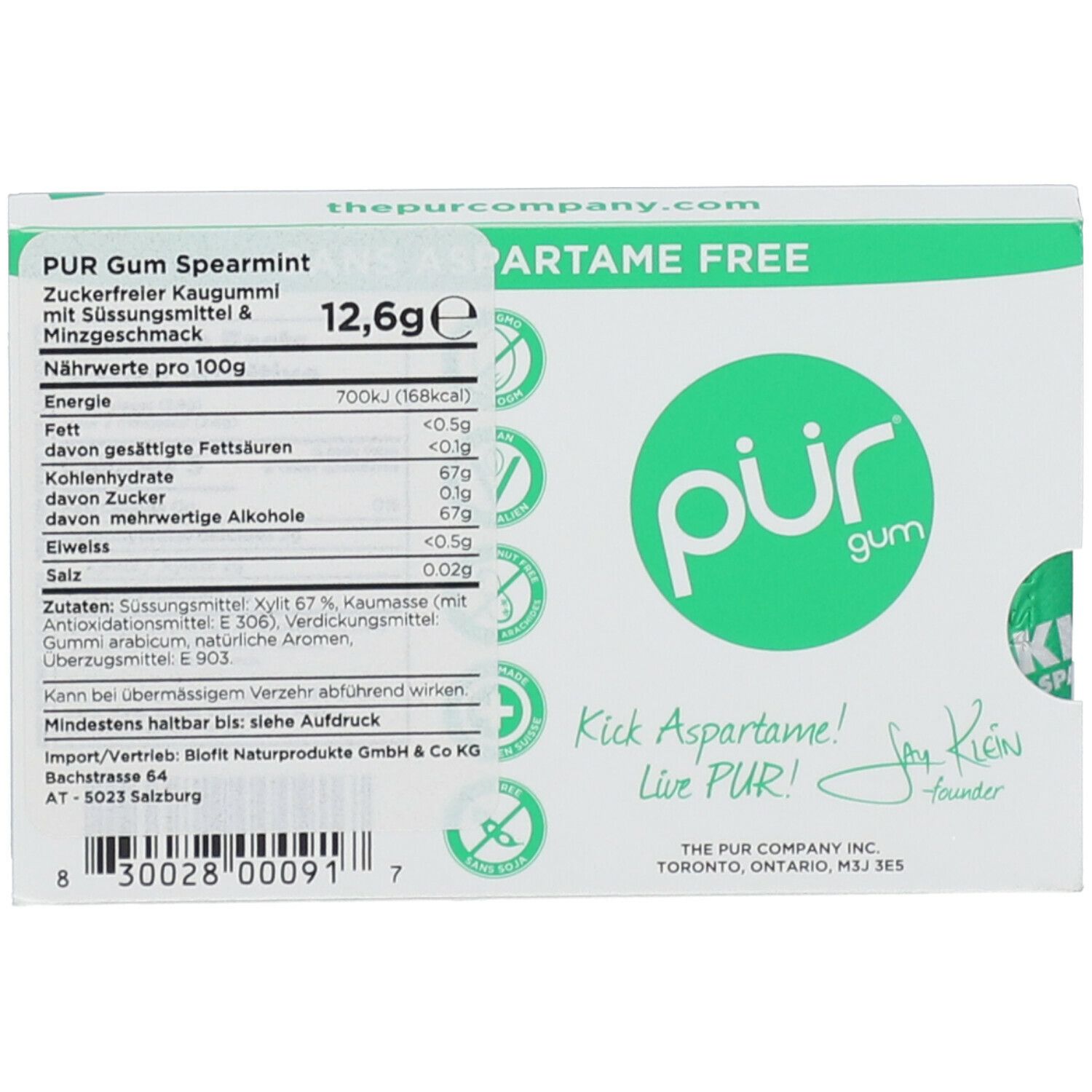 Rückseite der "pür gum"-Schachtel. Enthält Nährwertangaben und Text. Glutenfrei und zuckerfrei.