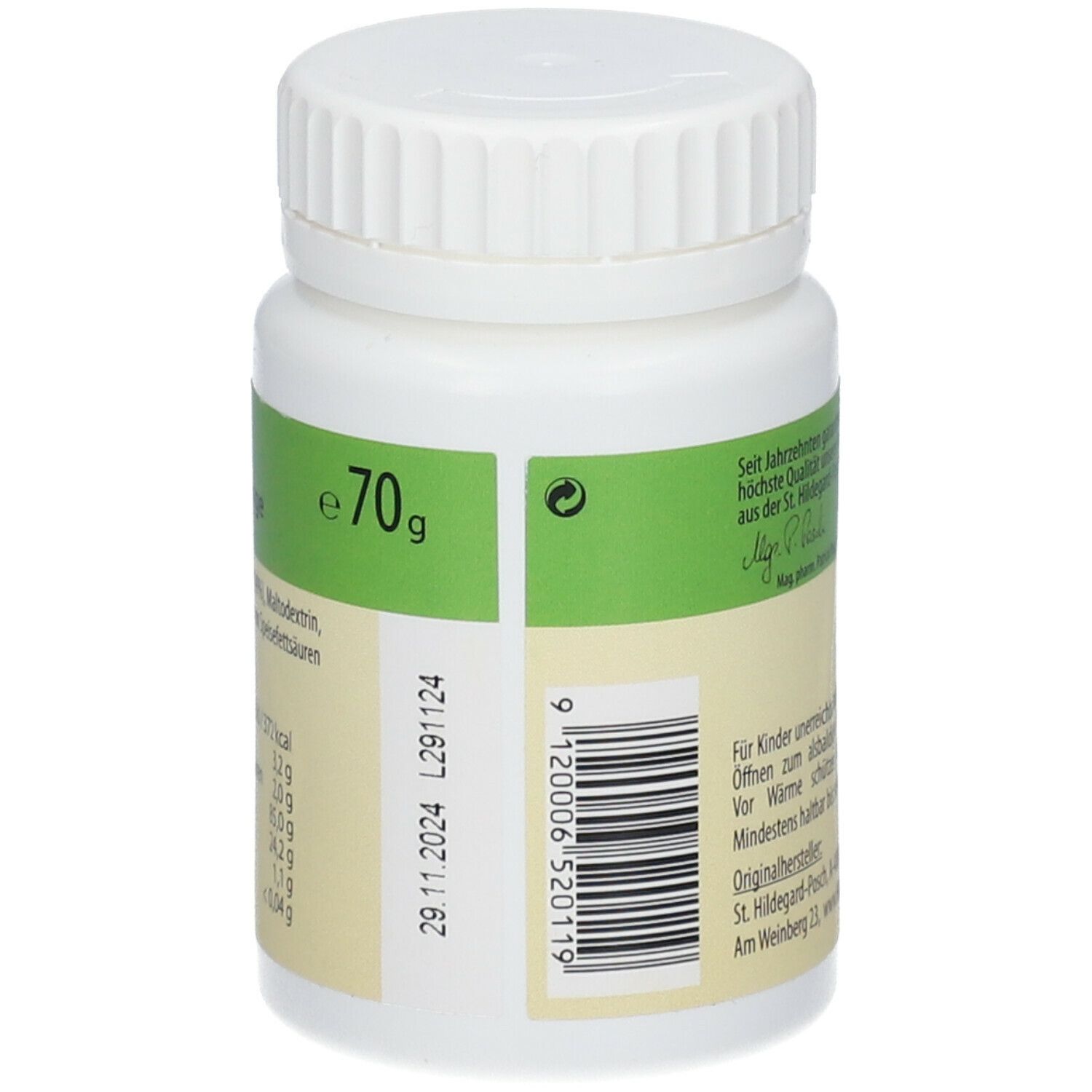 Flacon avec bouchon à vis. Inscription : 70g, date de péremption, numéro de lot, symbole de recyclage.