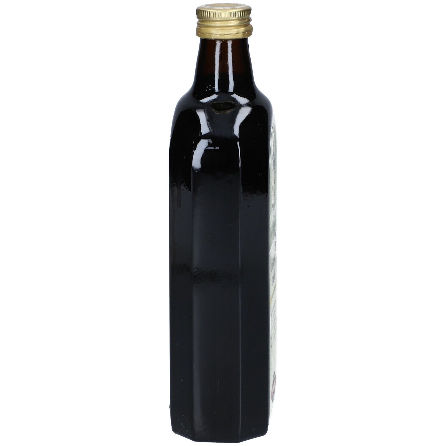 Schmale, braune Glasflasche mit goldfarbenem Deckel. Seitenansicht. Keine Etiketten sichtbar.