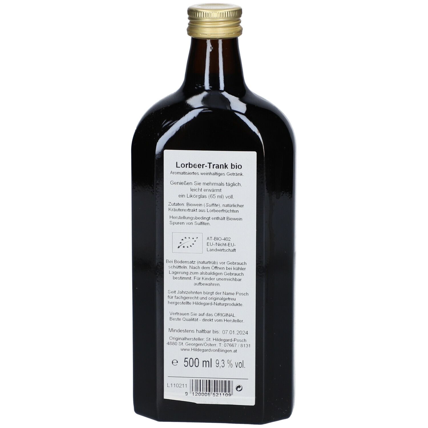 Rückseite der braunen Glasflasche. Etikett mit Text: Lorbeer-Trank bio, Zutaten, Mindesthaltbarkeit, Herstellerinformationen, Bio-Siegel.