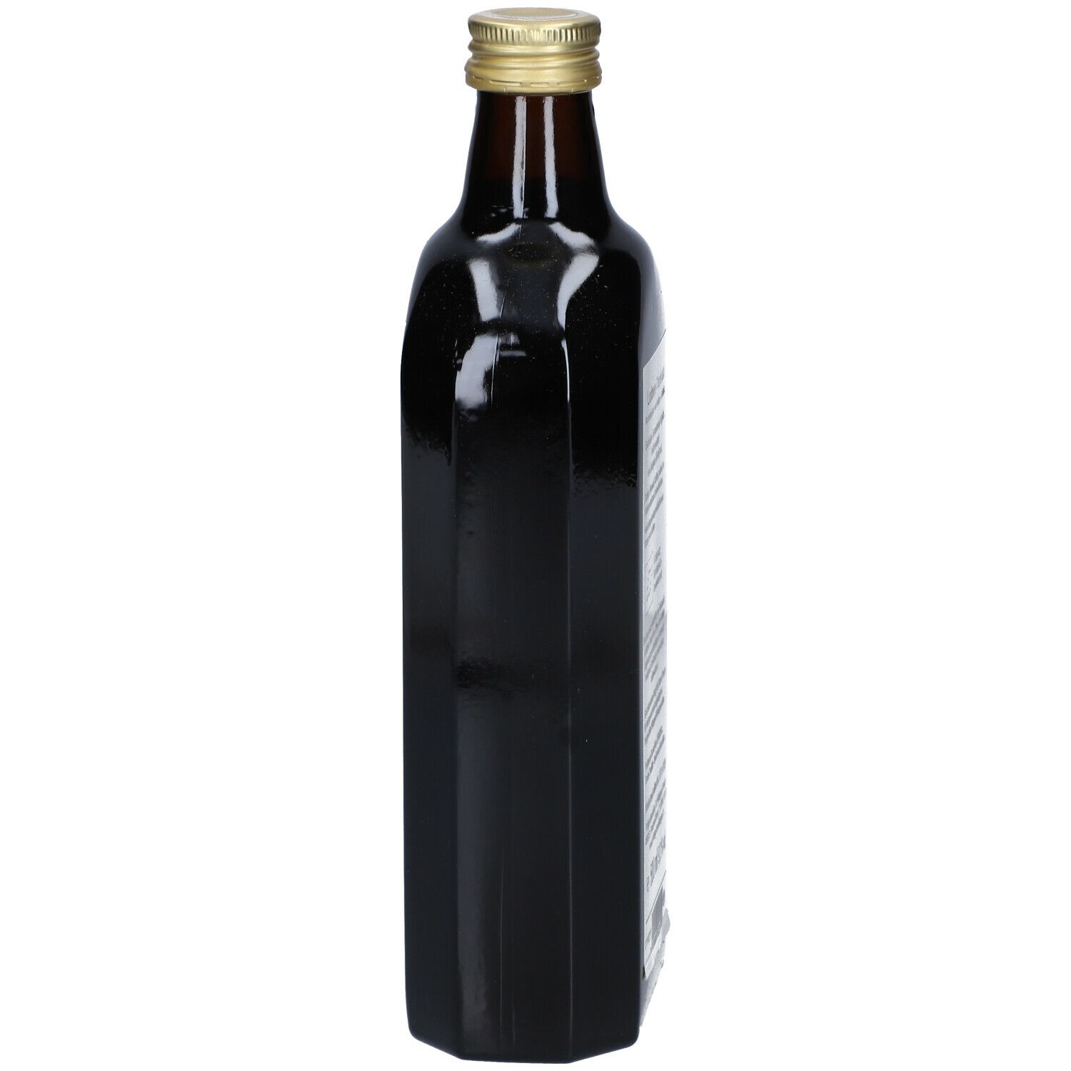 Schmale, braune Glasflasche mit goldfarbenem Deckel. Seitenansicht. Keine Etiketten sichtbar.