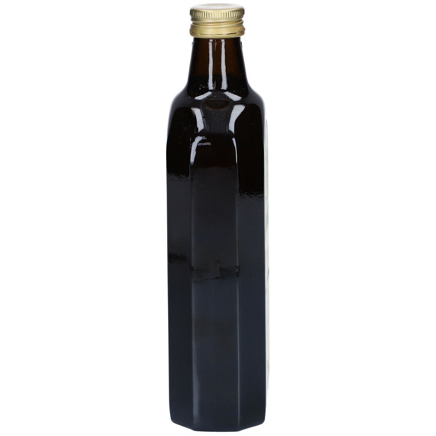 Braune, längliche Glasflasche mit goldfarbenem Verschluss. Eckige Form mit vertikalen Rillen.