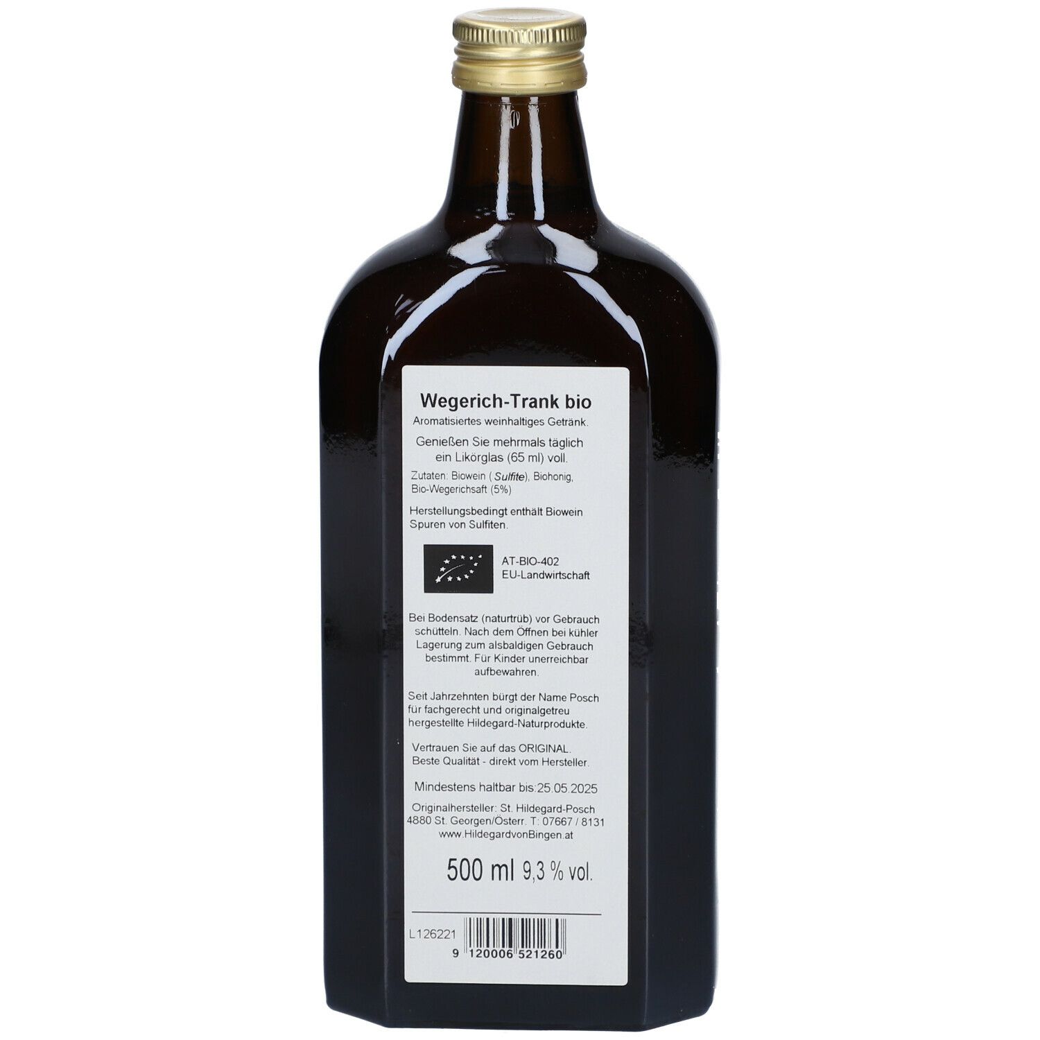 Rückseite einer braunen Glasflasche. Etikett mit Text und EU-Bio-Logo. Volumen: 500 ml, 9,3 % vol.