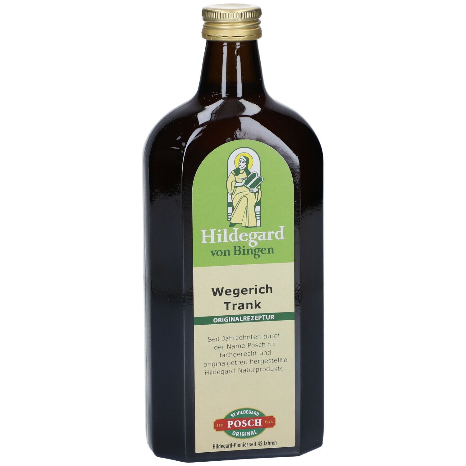 Braune Glasflasche mit grünem Etikett. Aufschrift: Hildegard von Bingen, Wegerich Trank. Goldfarbener Verschluss.